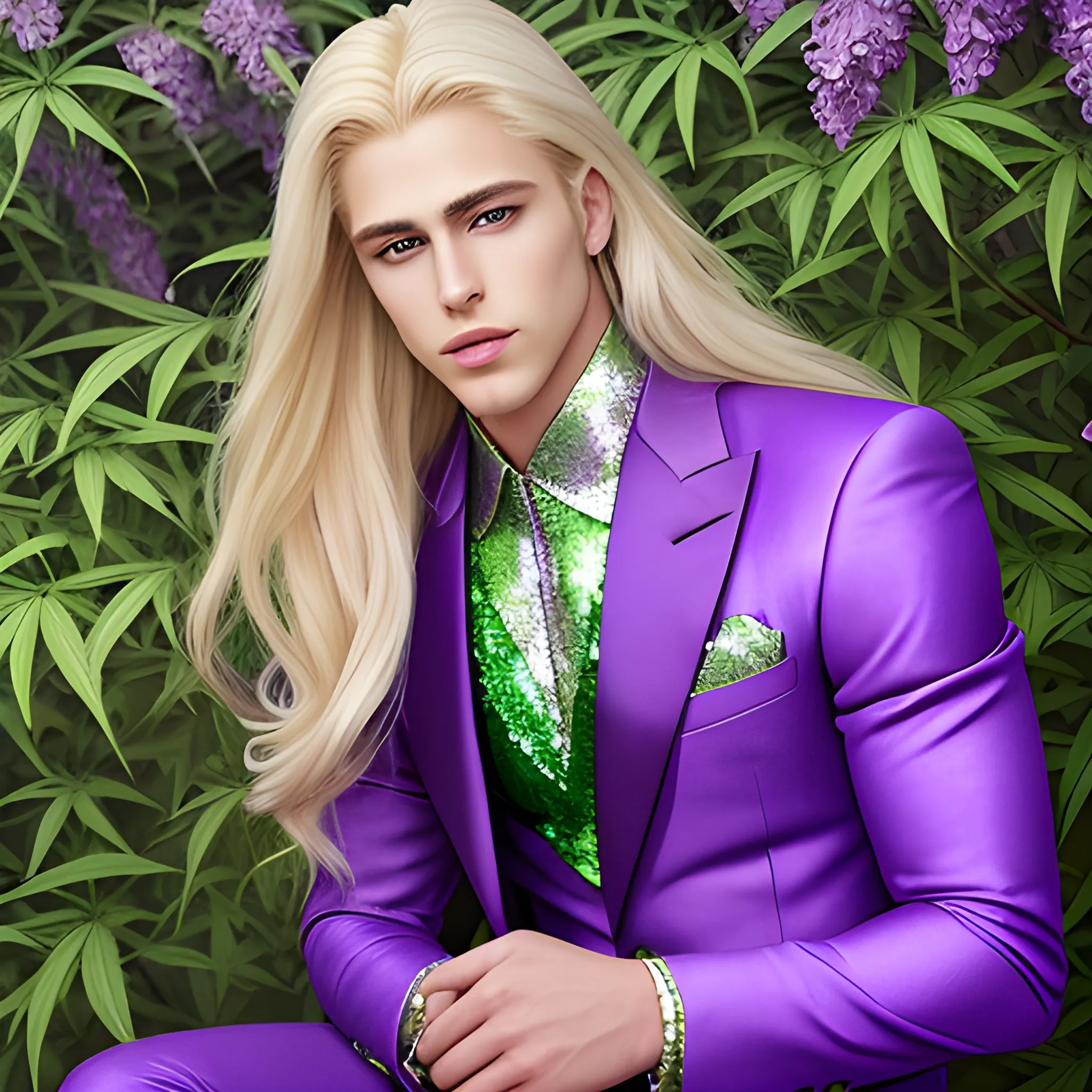 Lilac Prince, beautiful man wears a green sequined suit. he has long, sleek blond hair, and sits in front of weed bushes. His features are symmetrical, handsome, and anatomically correct. he wears amethyst jewelry. Lips are soft, in a slight smile.