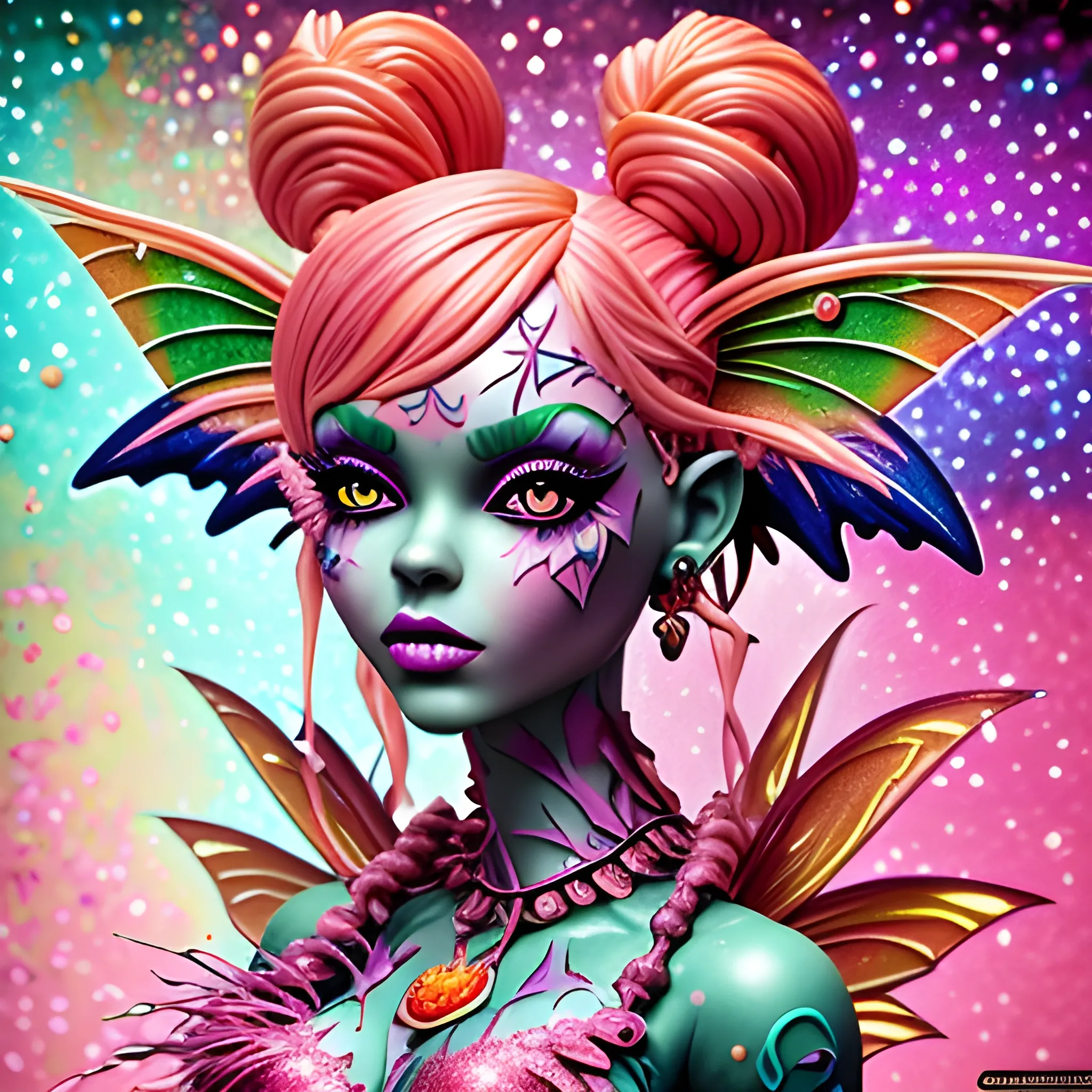  Mythical Fairy: monster High doll: vines: woman: fairy wings: forest: nature: orange and pink: detailed: glitter, airbrush, luminous color sparkles; graffiti art, splash art, street art, spray paint, oil gouache melting, acrylic, high contrast, colorful polychromatic, ultra detailed, ultra quality, CGSociety, 3D