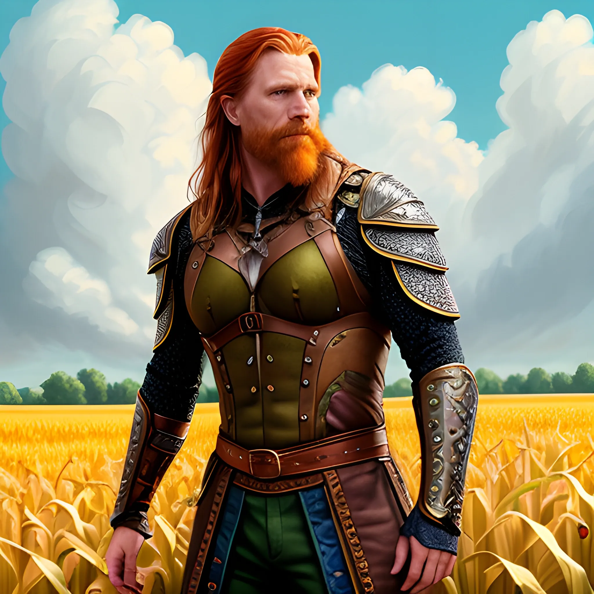 young man Malachai of the Corn, Courtney Gains, his highly detailed, softly freckled handsome face, his clean, clear eyes, meticulously detailed, multi-hued, long red hair; hippie, pirate, Viking, the man gazes to the cornfield; yellow, blue, green, across a misty pastel-colored cornfield, corn, corn on the cob, clouds; fantasy, 16k resolution poster; Artgerm, WLOP, Illustration intricately detailed, trending on Artstation, Chromolithography Soft Shading, male, man, corn, 3D