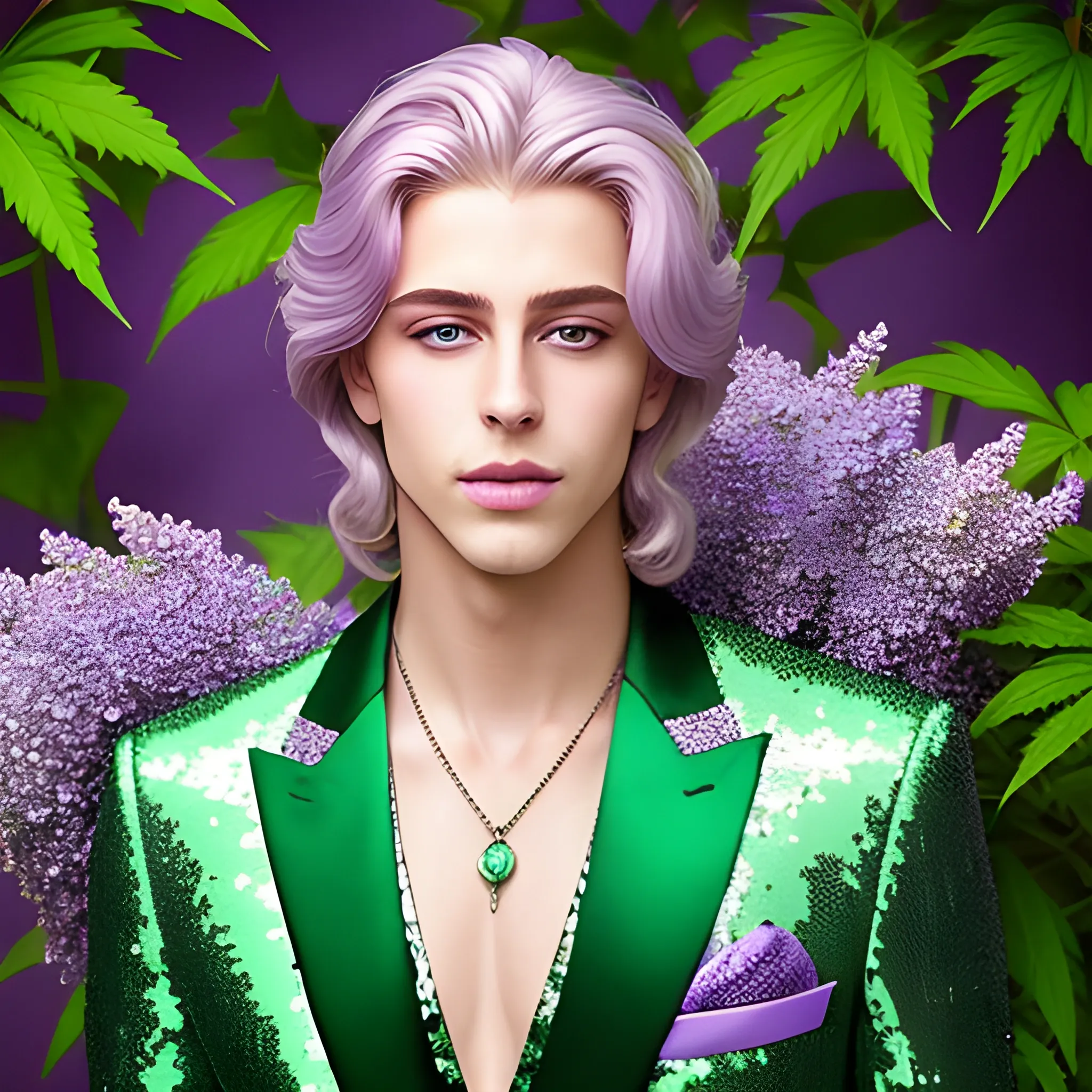 Lilac Prince, beautiful man wears a green sequined suit. he has long, sleek blond hair, and sits in front of weed bushes. His features are symmetrical, handsome, and anatomically correct. he wears amethyst jewelry. Lips are soft, in a slight smile.