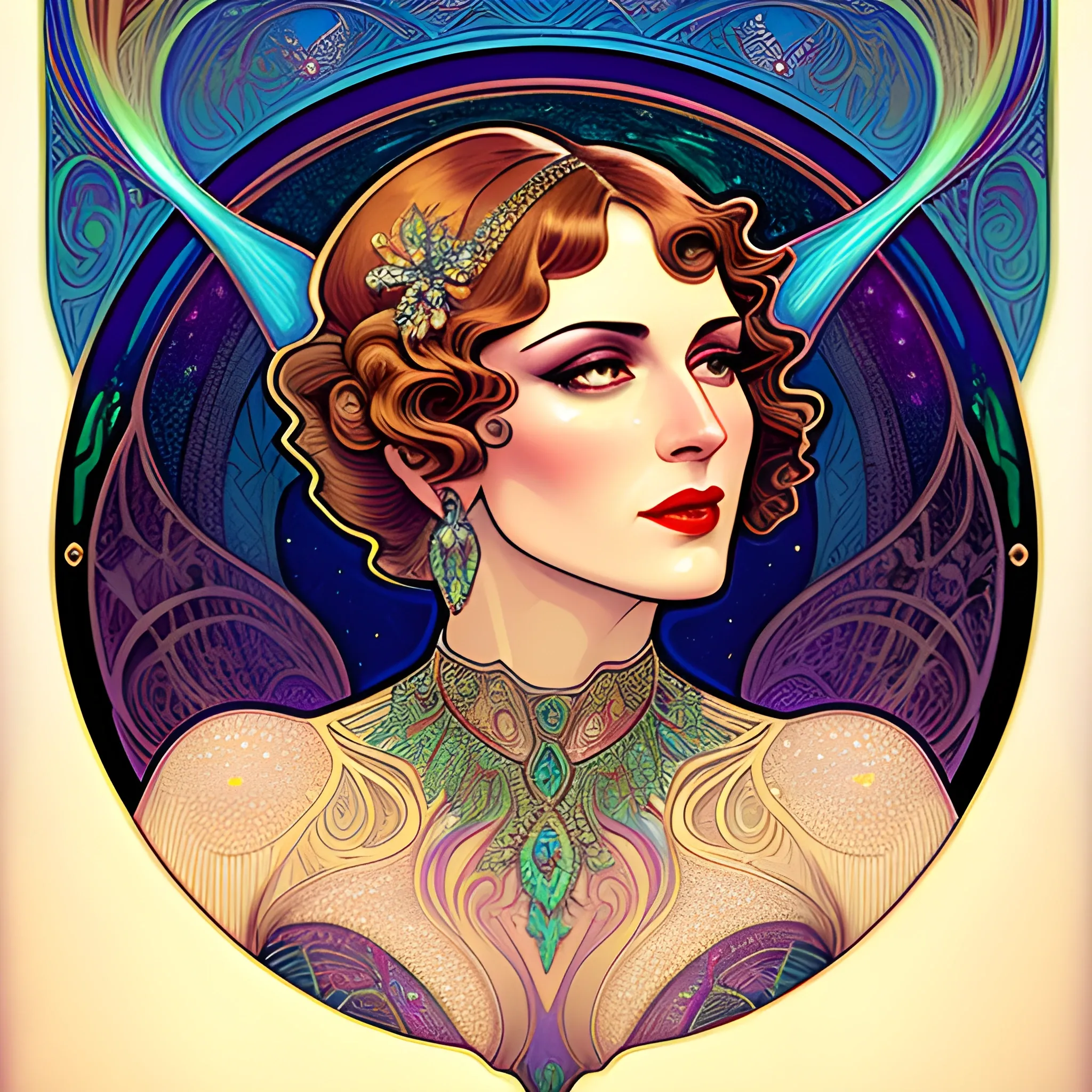 1920's hot girl, flapper, hyperdetailed face, feminine, delicate, lacy; perfect anatomy, beautiful, meticulously detailed feminine face, meticulously detailed multi-hued flapper hair; rainbow spectrum, luminous color sparkles, digital painting; James R. Eads, Gawki, rajewel; glitter, airbrush, Octane Render, volumetric lighting, full smooth moon in a nebula sky, clouds; fantasy, Vintage Art, 16k resolution art Nouveau poster; Alphonse Mucha, WLOP, Illustration intricately detailed, Renaissance, Chromolithography Soft Shading; ethereal fantasy maximalist matte painting. Catherine Abel, and James R. Eads, realistic oil painting. Victorian era, glitter, old fashioned, vintage, antique, renaissance, gothic, eldritch, highly intricate, sophisticated and complex digital painting, concept art, hyperrealism, Cinema 4D, 8k resolution, 64 megapixels, CGSociety, ZBrushCentral, behance HD, hypermaximalist, parallax
