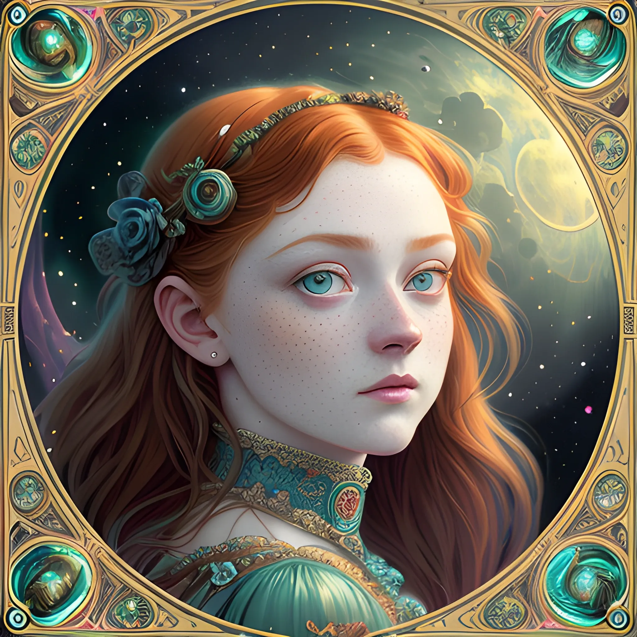 finely detailed eyes, Sadie Sink, her hyperdetailed, softly freckled face, her clean, clear, detailed green eyes, meticulously detailed, multi-hued, long red hair; cityscape, full moon in a nebula sky, clouds; fantasy, Vintage Art, 16k resolution art Nouveau poster; Alphonse Mucha, WLOP, Illustration intricately detailed, Renaissance, Chromolithography Soft Shading; ethereal fantasy maximalist matte painting. Catherine Abel, and James R. Eads, realistic oil painting. Victorian era, glitter, old fashioned, vintage, antique, renaissance, gothic, eldritch, highly intricate, sophisticated and complex digital painting, concept art, hyperrealism, Cinema 4D, 8k resolution, 64 megapixels, CGSociety, ZBrushCentral, behance HD, hypermaximalist, 3D