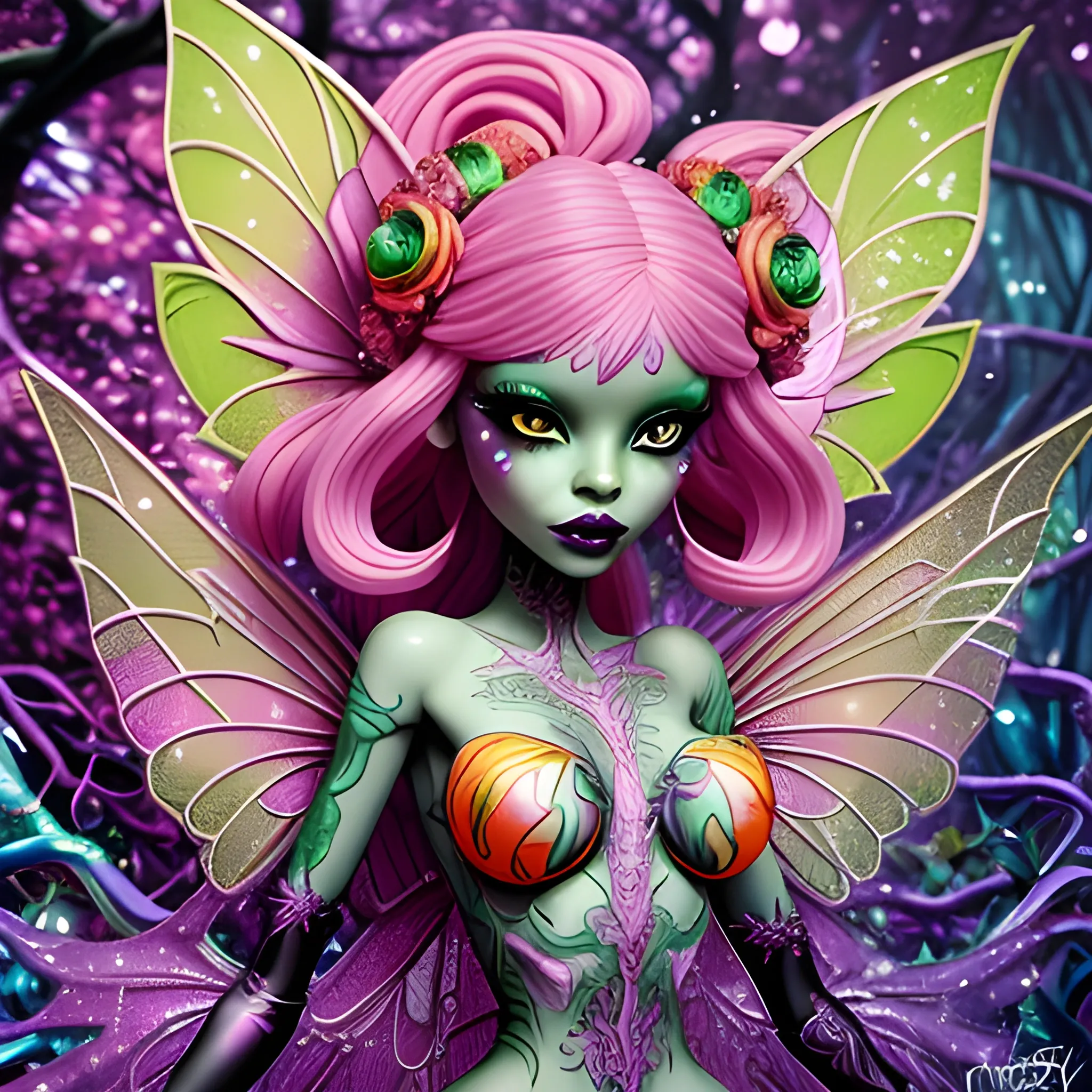  Mythical Fairy: monster High doll: vines: woman: fairy wings: forest: nature: orange and pink: detailed: glitter, airbrush, luminous color sparkles; graffiti art, splash art, street art, spray paint, oil gouache melting, acrylic, high contrast, colorful polychromatic, ultra detailed, ultra quality, CGSociety, 3D