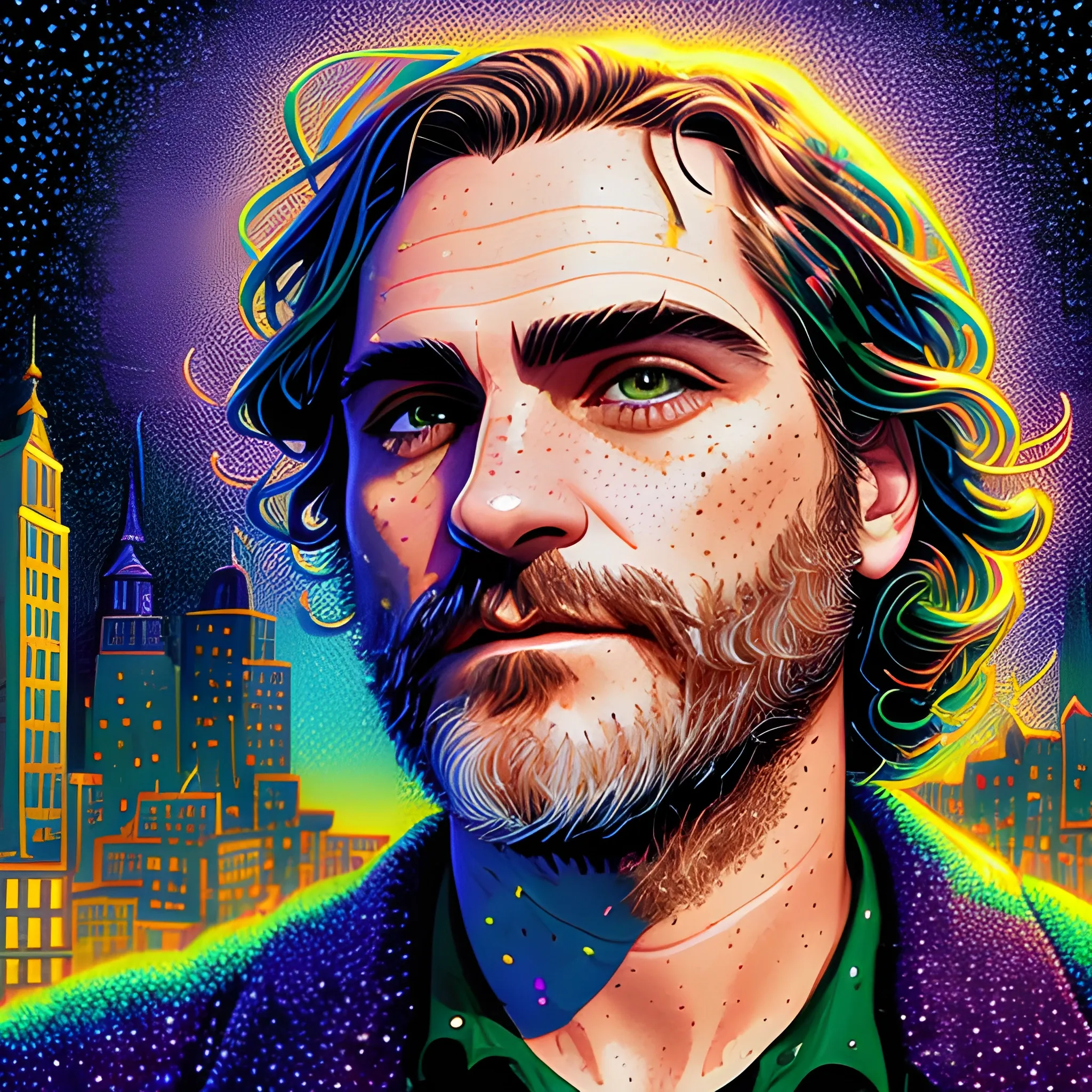 Joaquin Phoenix, his highly detailed, softly freckled handsome face, lavender-green eyes, meticulously detailed long dark hair; by James R. Eads, Fausto-Giurescu, Tania Rivilis, Dan Mumford; luminous colorful sparkles, glitter, airbrush, depth of field, volumetric lighting, downtown