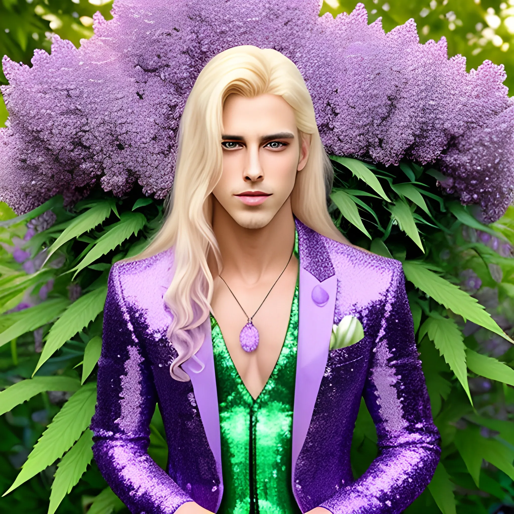 Lilac Prince, beautiful man wears a green sequined suit. he has long, sleek blond hair, and sits in front of weed bushes. His features are symmetrical, handsome, and anatomically correct. he wears amethyst jewelry. Lips are soft, in a slight smile.