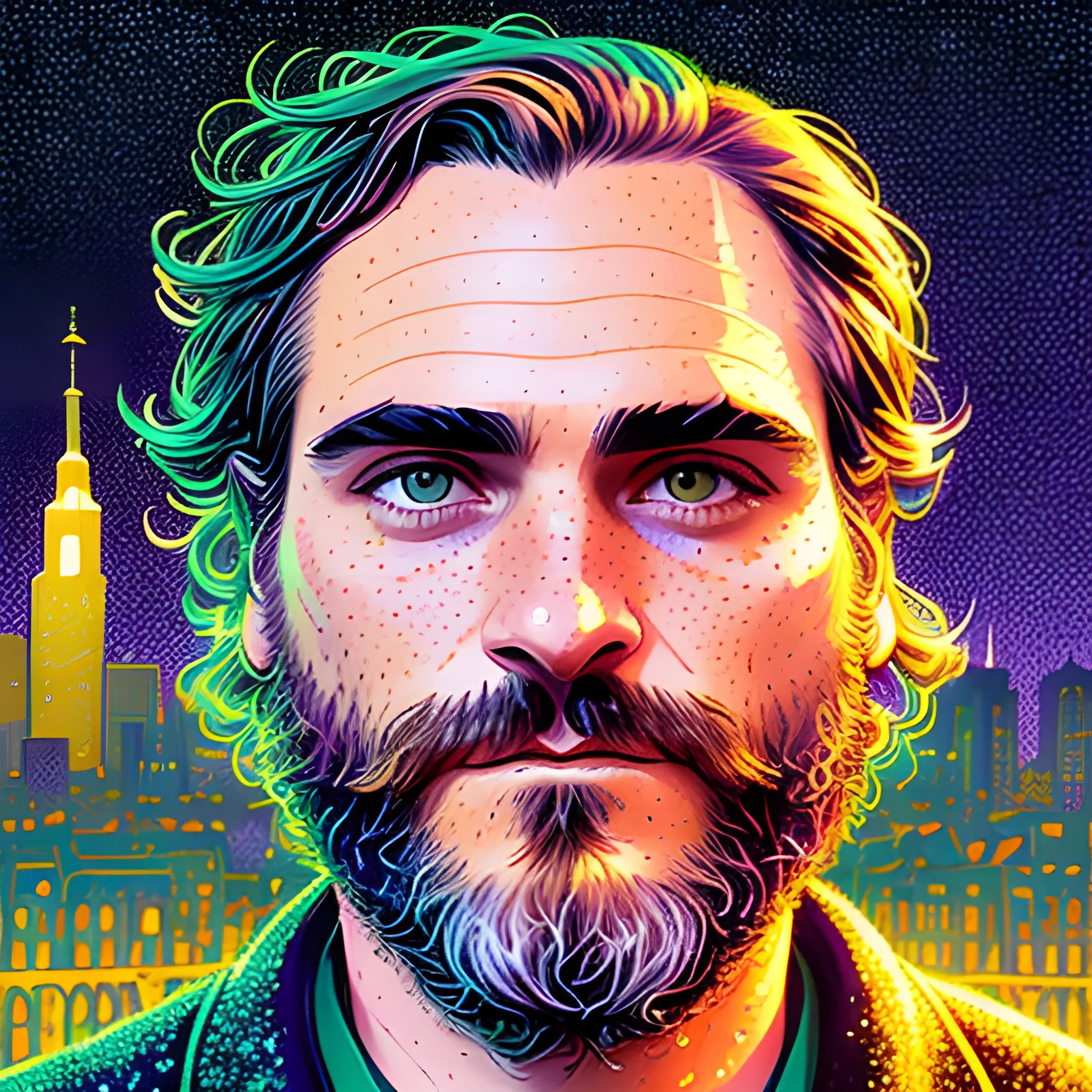 Joaquin Phoenix, his highly detailed, softly freckled handsome face, lavender-green eyes, meticulously detailed long dark hair; by James R. Eads, Fausto-Giurescu, Tania Rivilis, Dan Mumford; luminous colorful sparkles, glitter, airbrush, depth of field, volumetric lighting, downtown