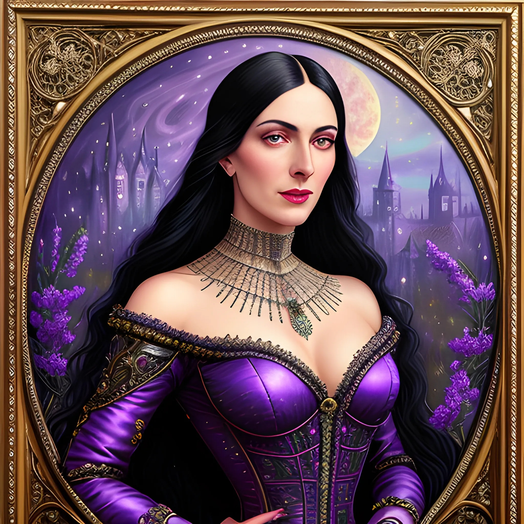 Lilac Princess, beautiful woman wears a lavender sequined dress. She has long, sleek black hair, and stands in front of lilac bushes. Her features are symmetrical, lovely, and anatomically correct. She wears amethyst jewelry. Lips are soft, in a slight smile; behind her a cityscape, and full smooth moon in a nebula sky, clouds; fantasy, Vintage Art, 16k resolution, intricately detailed, Renaissance, Chromolithography Soft Shading; ethereal fantasy, realistic oil painting. Victorian era, glitter, old fashioned, vintage, antique, renaissance, gothic, eldritch, highly intricate, sophisticated and complex digital painting, concept art, hyperrealism, Cinema 4D, 8k resolution, 64 megapixels, CGSociety, ZBrushCentral, behance HD, hypermaximalist, parallax
