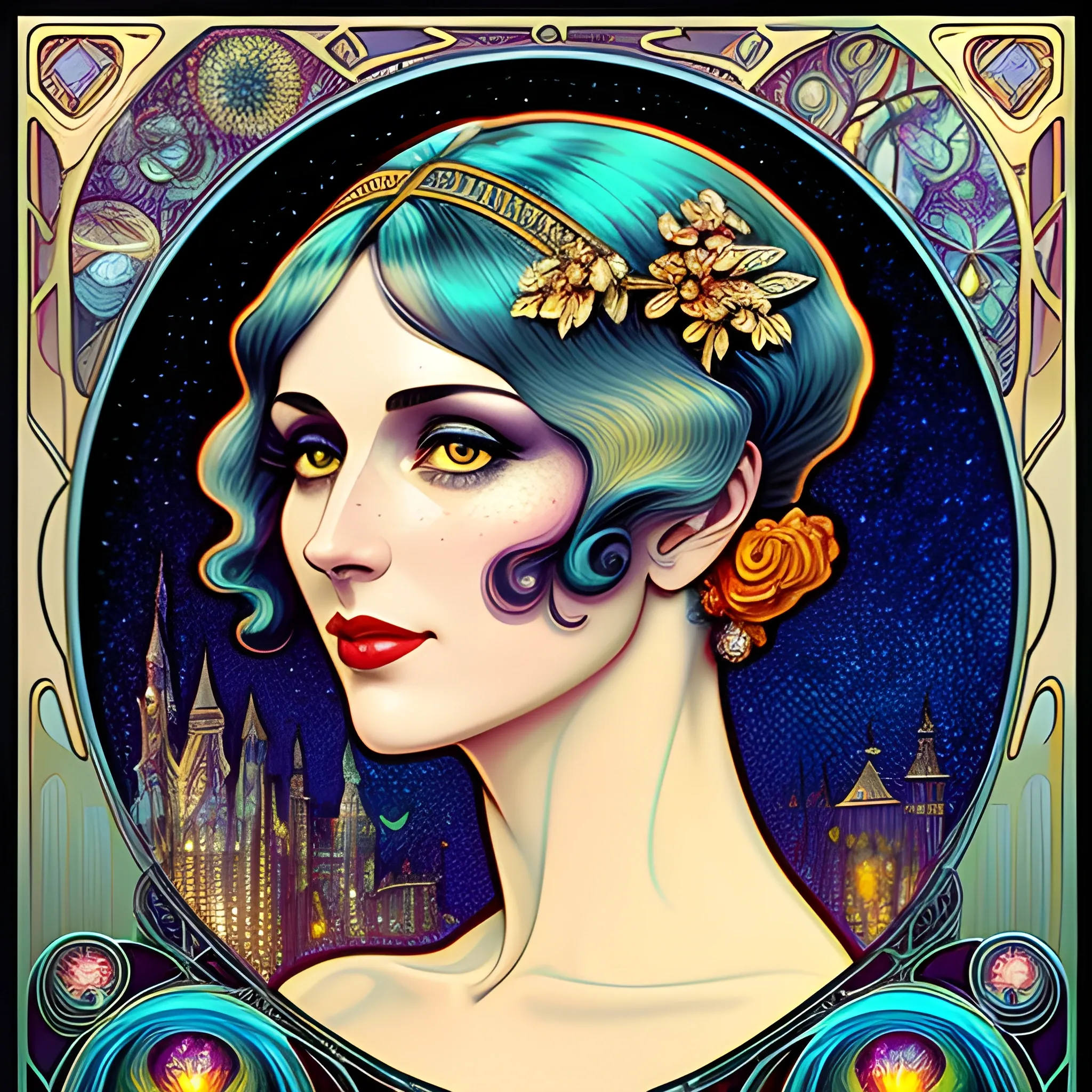 1920's hot girl, flapper, hyperdetailed face, feminine, delicate, lacy; perfect anatomy, beautiful, meticulously detailed feminine face, meticulously detailed multi-hued flapper hair; rainbow spectrum, luminous color sparkles, digital painting; James R. Eads, Gawki, rajewel; glitter, airbrush, Octane Render, volumetric lighting, full smooth moon in a nebula sky, clouds; fantasy, Vintage Art, 16k resolution art Nouveau poster; Alphonse Mucha, WLOP, Illustration intricately detailed, Renaissance, Chromolithography Soft Shading; ethereal fantasy maximalist matte painting. Catherine Abel, and James R. Eads, realistic oil painting. Victorian era, glitter, old fashioned, vintage, antique, renaissance, gothic, eldritch, highly intricate, sophisticated and complex digital painting, concept art, hyperrealism, Cinema 4D, 8k resolution, 64 megapixels, CGSociety, ZBrushCentral, behance HD, hypermaximalist, parallax
