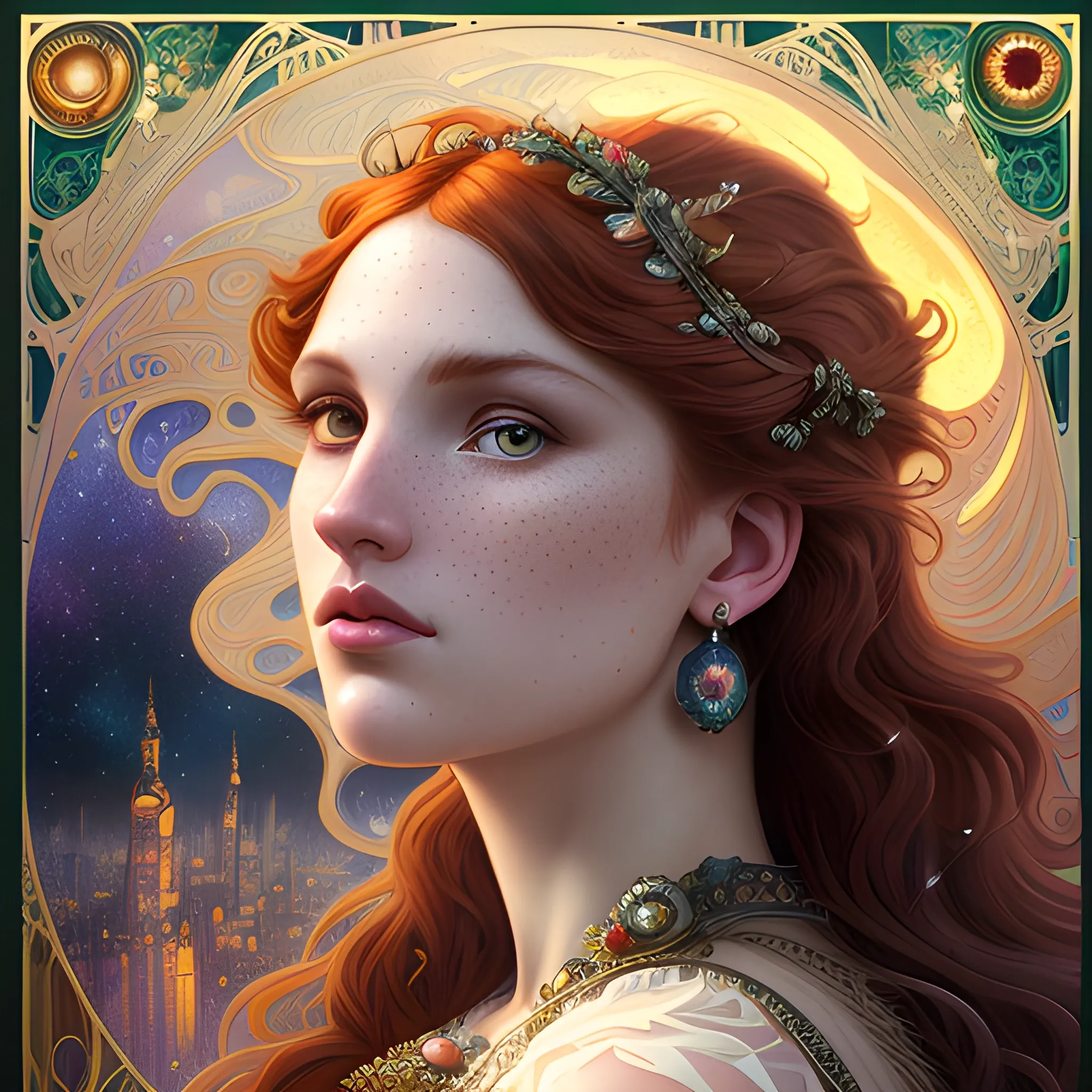 finely detailed eyes, Bella Thorne, her hyperdetailed, softly freckled face, her clean, clear, detailed brown eyes, meticulously detailed, multi-hued, long dark red hair; cityscape, full moon in a nebula sky, clouds; fantasy, Vintage Art, 16k resolution art Nouveau poster; Alphonse Mucha, WLOP, Illustration intricately detailed, Renaissance, Chromolithography Soft Shading; ethereal fantasy maximalist matte painting. Catherine Abel, and James R. Eads, realistic oil painting. Victorian era, glitter, old fashioned, vintage, antique, renaissance, gothic, eldritch, highly intricate, sophisticated and complex digital painting, concept art, hyperrealism, Cinema 4D, 8k resolution, 64 megapixels, CGSociety, ZBrushCentral, behance HD, hypermaximalist, 3D