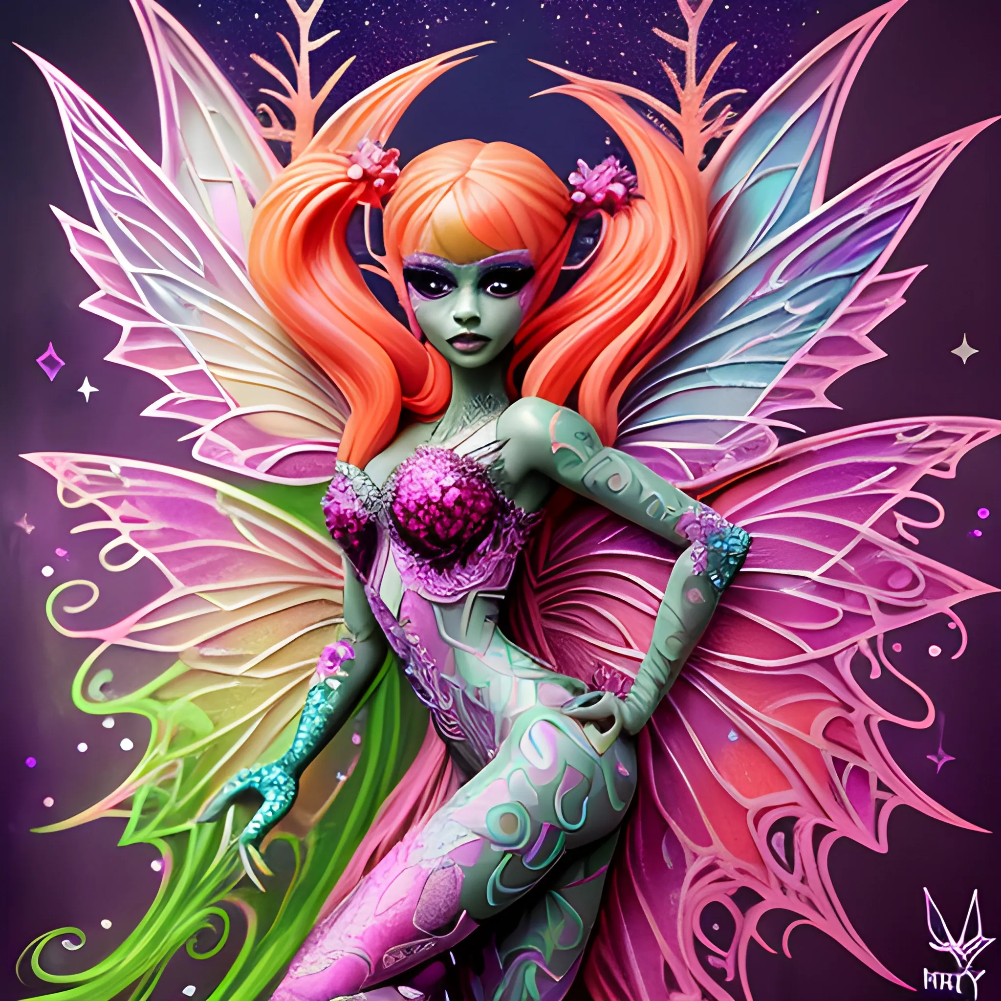  Mythical Fairy: monster High doll: vines: woman: fairy wings: forest: nature: orange and pink: detailed: glitter, airbrush, luminous color sparkles; graffiti art, splash art, street art, spray paint, oil gouache melting, acrylic, high contrast, colorful polychromatic, ultra detailed, ultra quality, CGSociety, 3D