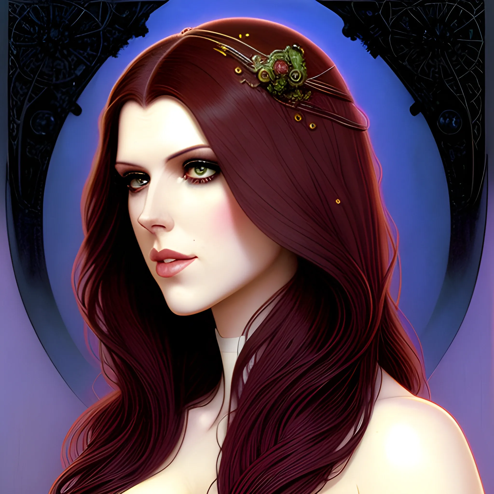 young Anna Kendrick, her highly detailed beautiful face, meticulously detailed multi-hued long straight dark hair, burgundy, berry wine and black, eldritch, macabre, by Stephen Gammell, Zdzislaw Beksinski; luminous color sparkles, Vintage Art, 8k resolution, art Nouveau poster; Alphonse Mucha, Artgerm, WLOP, Lisa Frank, James R. Eads, Illustration intricately detailed, Artstation, Chromolithography Soft Shading