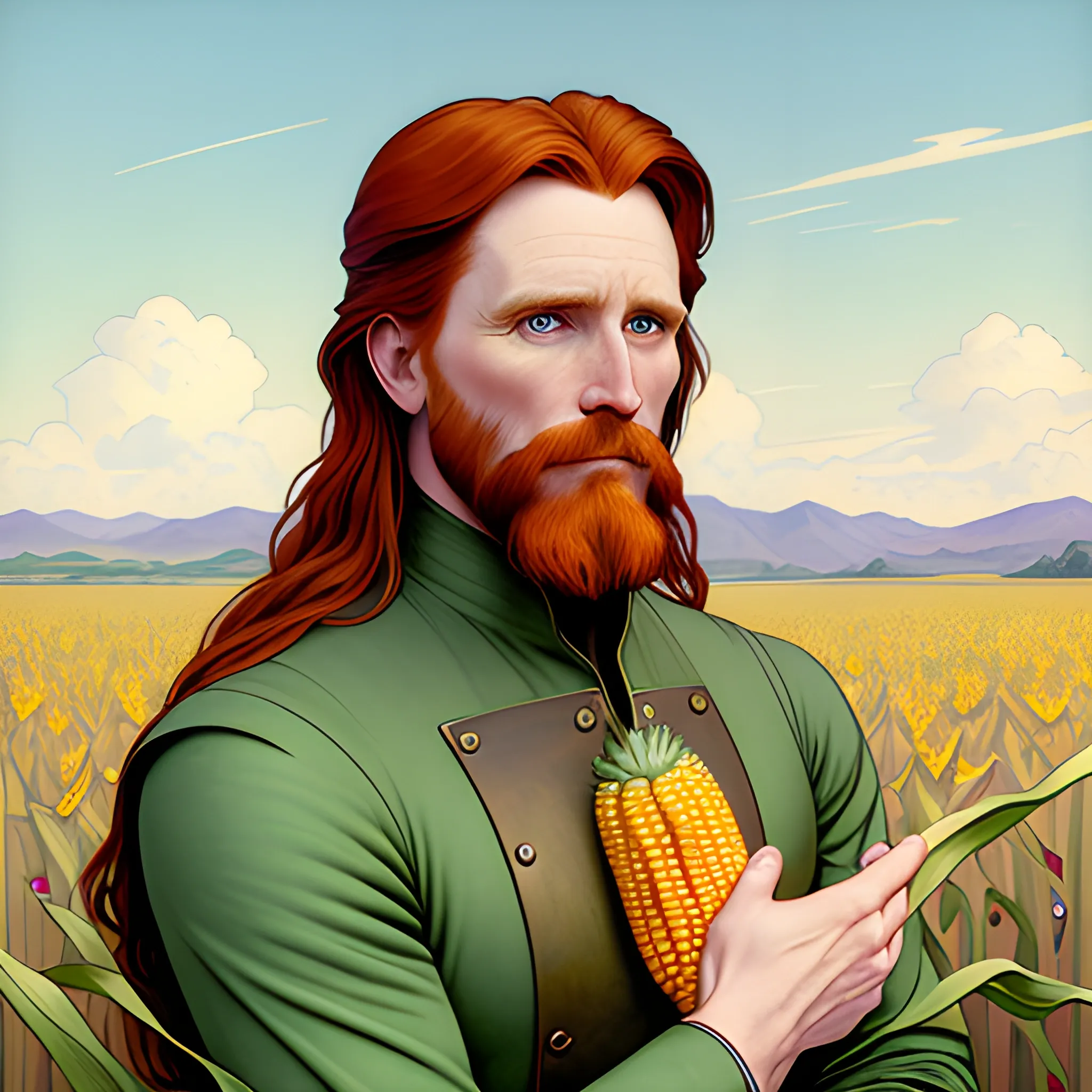 young man Malachai of the Corn, Courtney Gains, his highly detailed, softly freckled handsome face, his clean, clear eyes, meticulously detailed, multi-hued, long red hair; hippie, the man gazes to the cornfield; yellow, blue, green, across a misty pastel-colored cornfield, corn, corn on the cob, clouds; fantasy, Vintage Art, 8k resolution art Nouveau poster; Alphonse Mucha, Artgerm, WLOP, Illustration intricately detailed, trending on Artstation, Renaissance, triadic colors, Chromolithography Soft Shading, male, man, corn, 3D