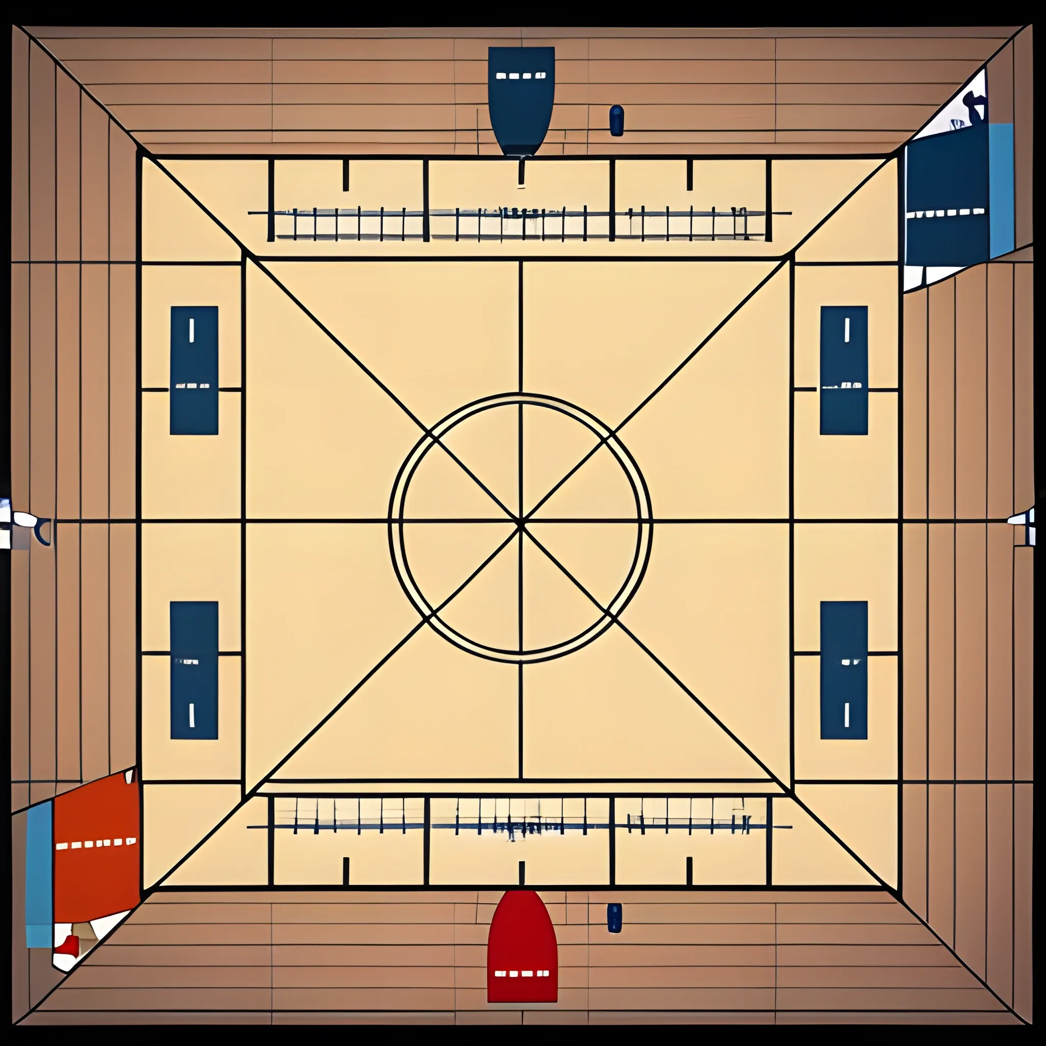 creates a basketball court with top view and respective lines and hoops , Cartoon