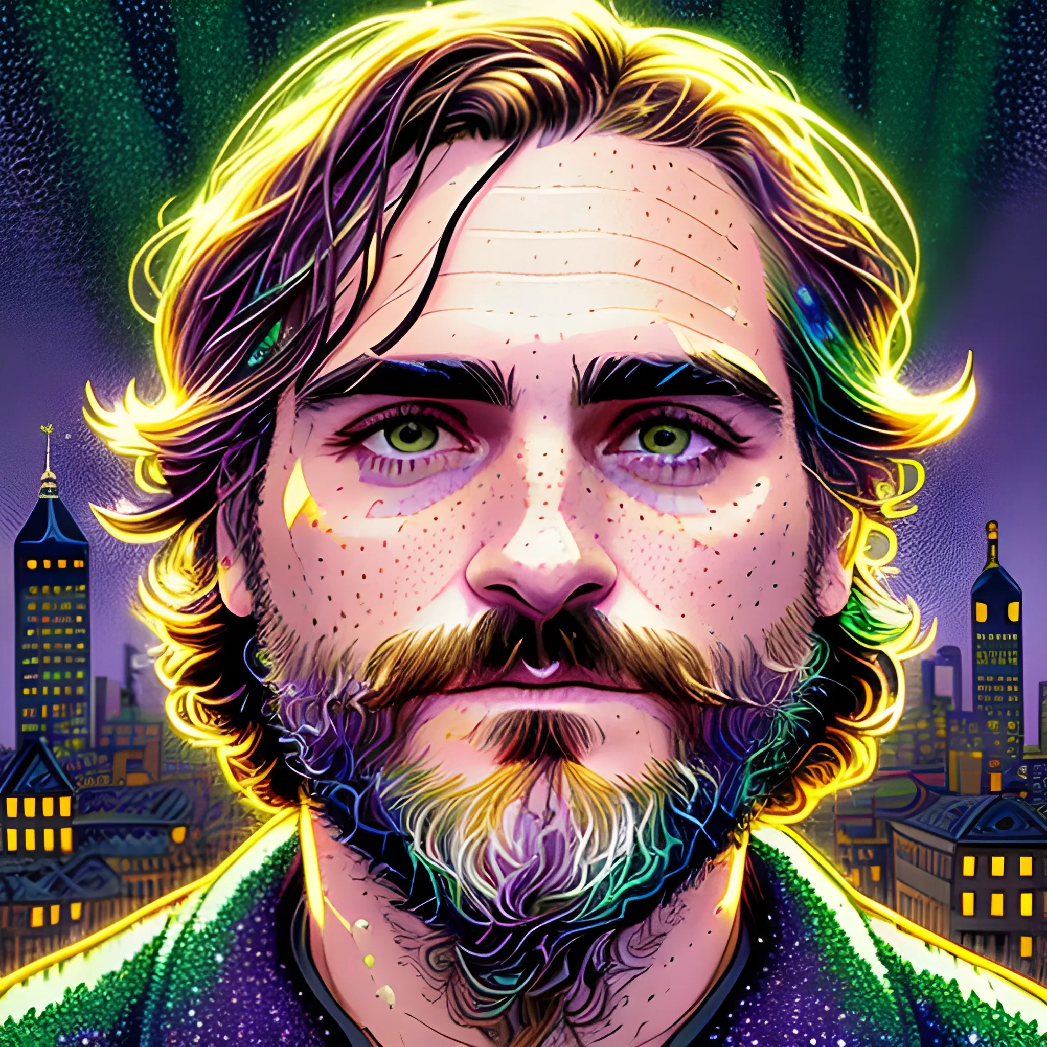 Joaquin Phoenix, his highly detailed, softly freckled handsome face, lavender-green eyes, meticulously detailed long dark hair; by James R. Eads, Fausto-Giurescu, Tania Rivilis, Dan Mumford; luminous colorful sparkles, glitter, airbrush, depth of field, volumetric lighting, downtown