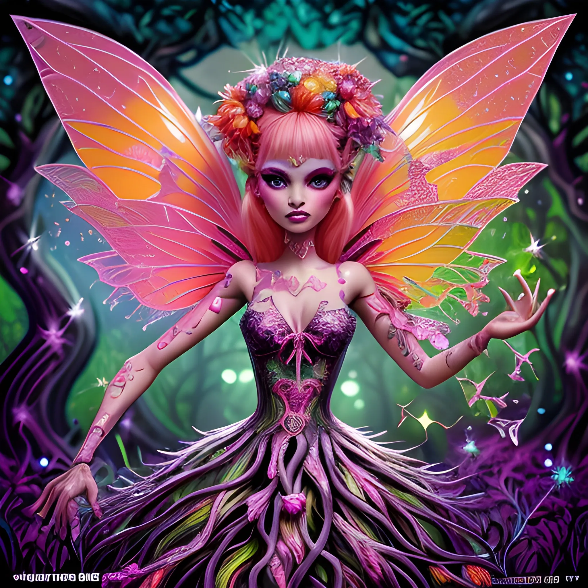  Mythical Fairy: monster High doll: vines: woman: fairy wings: forest: nature: orange and pink: detailed: glitter, airbrush, luminous color sparkles; graffiti art, splash art, street art, spray paint, oil gouache melting, acrylic, high contrast, colorful polychromatic, ultra detailed, ultra quality, CGSociety, 3D