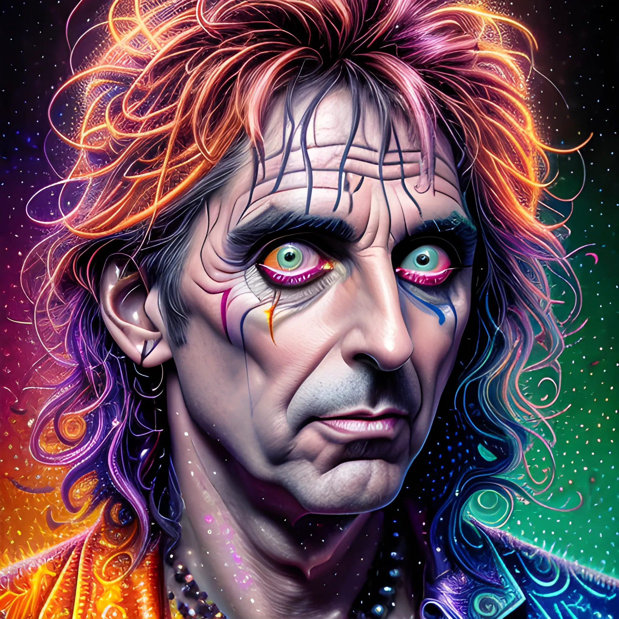 hyperdetailed oil on canvas, Alice Cooper, his handsome perfect, precisely detailed face, orange, pink, purple, luminous colorful sparkles, by James R. Eads, Gawki, rajewel, Tania Rivilis, Dan Mumford, glitter, airbrush, Octane Render, elegant, volumetric lighting, 16k