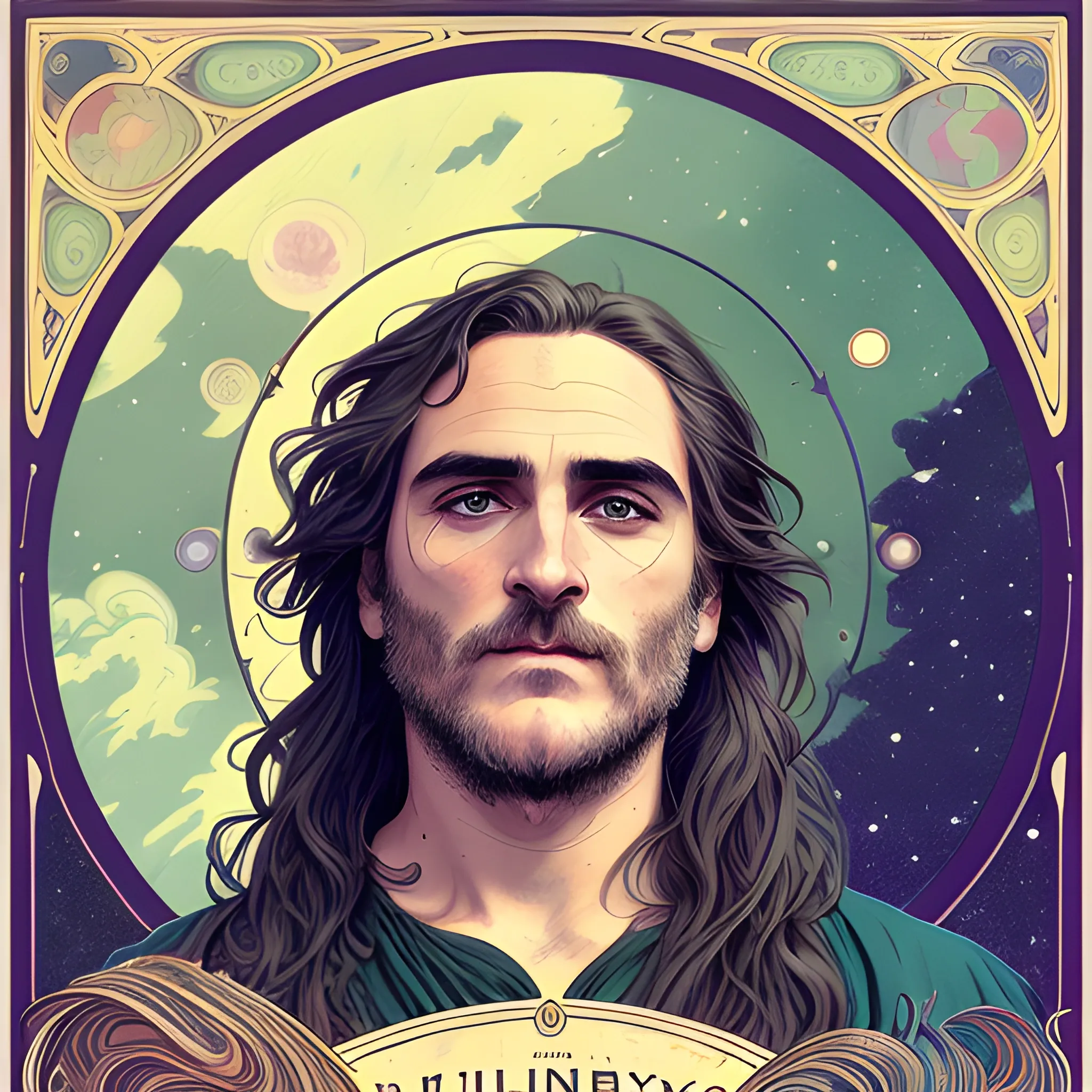 Joaquin Phoenix, his highly detailed, softly freckled handsome face, his clean, clear lavender-green eyes, meticulously detailed, multi-hued, long dark hair; hippie, fullmoon in a nebula sky, clouds; fantasy, Vintage Art, 8k resolution art Nouveau poster; Alphonse Mucha, Artgerm, WLOP, Illustration intricately detailed, trending on Artstation, Renaissance, triadic colors, Chromolithography Soft Shading