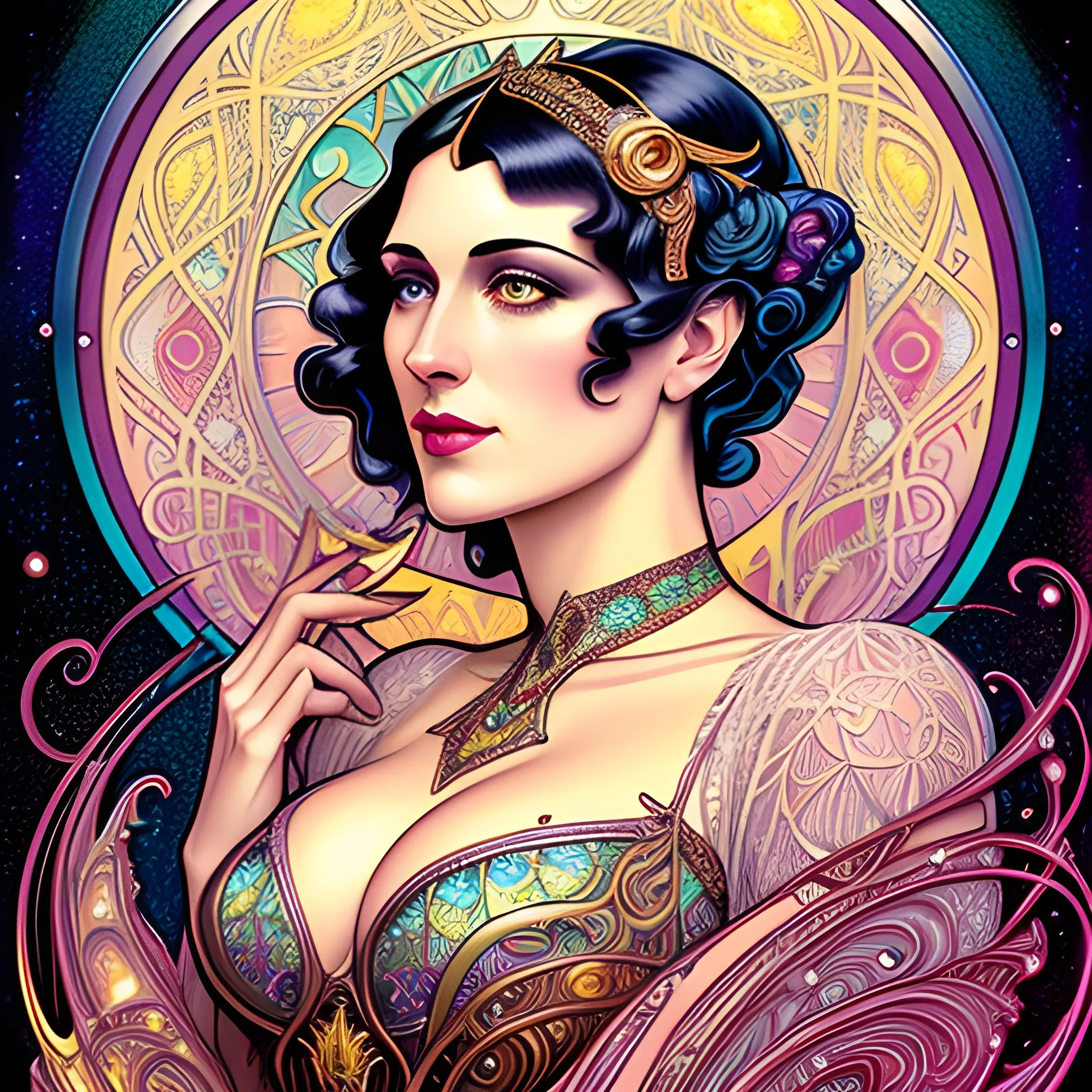 1920's hot girl, flapper, hyperdetailed face, feminine, delicate, lacy; perfect anatomy, beautiful, meticulously detailed feminine face, meticulously detailed multi-hued flapper hair; rainbow spectrum, luminous color sparkles, digital painting; James R. Eads, Gawki, rajewel; glitter, airbrush, Octane Render, volumetric lighting, full smooth moon in a nebula sky, clouds; fantasy, Vintage Art, 16k resolution art Nouveau poster; Alphonse Mucha, WLOP, Illustration intricately detailed, Renaissance, Chromolithography Soft Shading; ethereal fantasy maximalist matte painting. Catherine Abel, and James R. Eads, realistic oil painting. Victorian era, glitter, old fashioned, vintage, antique, renaissance, gothic, eldritch, highly intricate, sophisticated and complex digital painting, concept art, hyperrealism, Cinema 4D, 8k resolution, 64 megapixels, CGSociety, ZBrushCentral, behance HD, hypermaximalist, parallax
