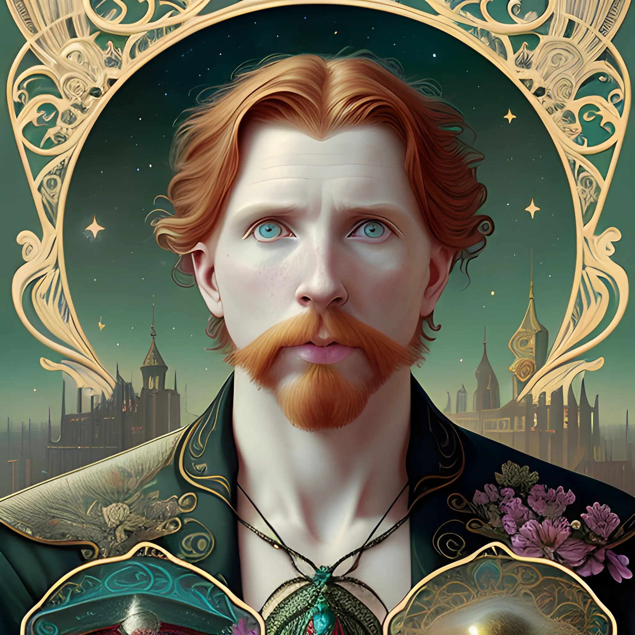 finely detailed eyes, male actor Courtney Gains, the man's hyperdetailed, softly freckled face, his clean, clear, detailed green eyes, meticulously detailed, multi-hued, long red hair; cityscape, full smooth moon in a nebula sky, clouds; fantasy, Vintage Art, 16k resolution art Nouveau poster; Alphonse Mucha, WLOP, Illustration intricately detailed, Renaissance, Chromolithography Soft Shading; ethereal fantasy maximalist matte painting. Catherine Abel, and James R. Eads, realistic oil painting. Victorian era, glitter, old fashioned, vintage, antique, renaissance, gothic, eldritch, highly intricate, sophisticated and complex digital painting, concept art, hyperrealism, Cinema 4D, 8k resolution, 64 megapixels, CGSociety, ZBrushCentral, behance HD, hypermaximalist, male, man
