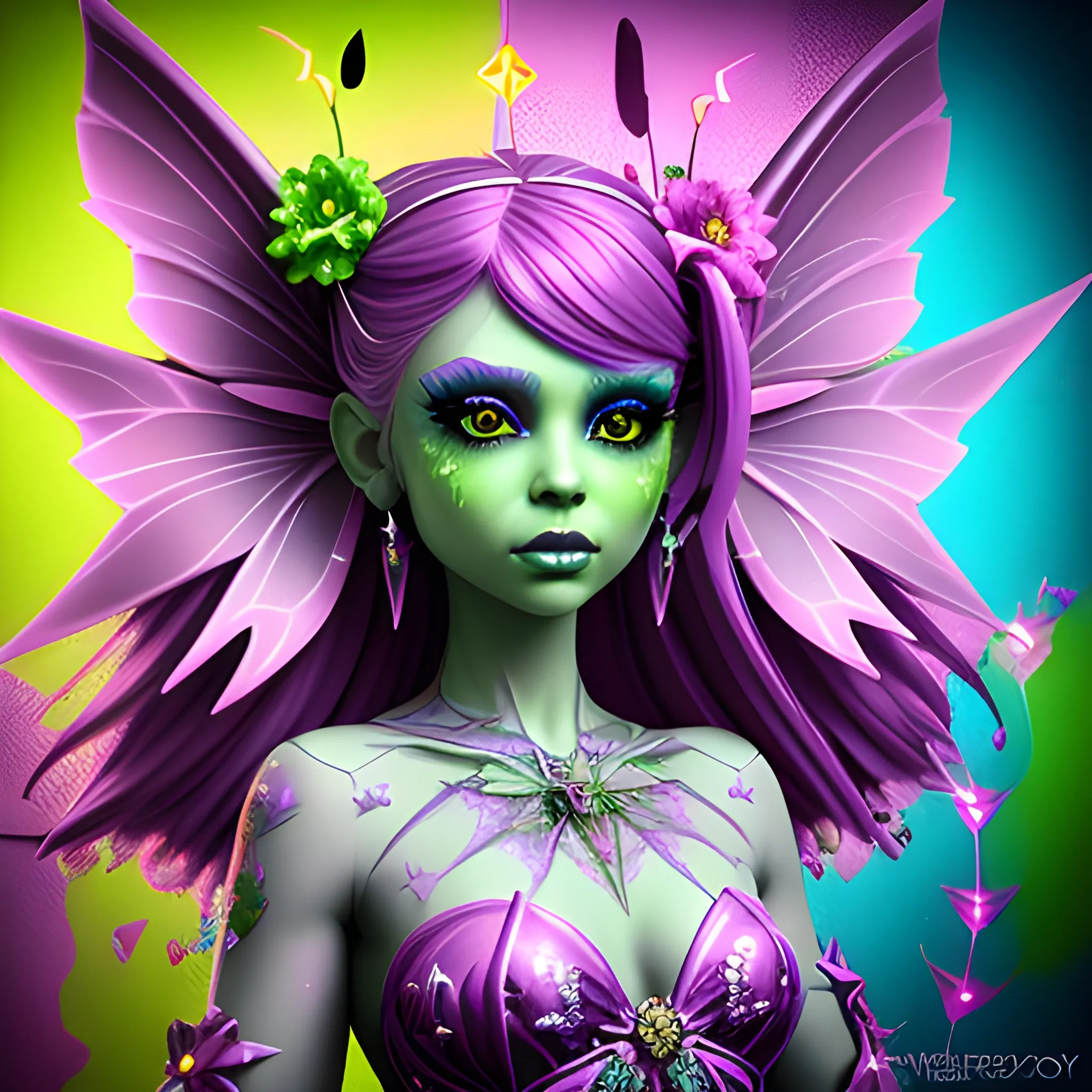  Mythical Fairy: monster High doll: flowers: woman: fairy wings: neon colors: chartreuse green, grape purple: meticulously detailed: glitter, airbrush, luminous color sparkles; graffiti art, spray paint art, street art, oil gouache melting, acrylic, high contrast, colorful polychromatic, mixed media, glitter, luminous color sparkles, ultra detailed, ultra quality, CGSociety, 3D