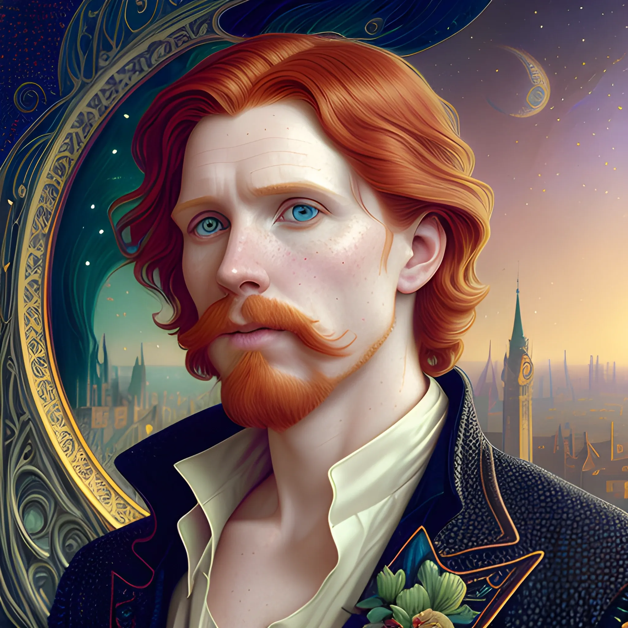 finely detailed eyes, male actor Courtney Gains, the man's hyperdetailed, softly freckled face, his clean, clear, detailed green eyes, meticulously detailed, multi-hued, long red hair; cityscape, full smooth moon in a nebula sky, clouds; fantasy, Vintage Art, 16k resolution art Nouveau poster; Alphonse Mucha, WLOP, Illustration intricately detailed, Renaissance, Chromolithography Soft Shading; ethereal fantasy maximalist matte painting. Catherine Abel, and James R. Eads, realistic oil painting. Victorian era, glitter, old fashioned, vintage, antique, renaissance, gothic, eldritch, highly intricate, sophisticated and complex digital painting, concept art, hyperrealism, Cinema 4D, 8k resolution, 64 megapixels, CGSociety, ZBrushCentral, behance HD, hypermaximalist, male, man
