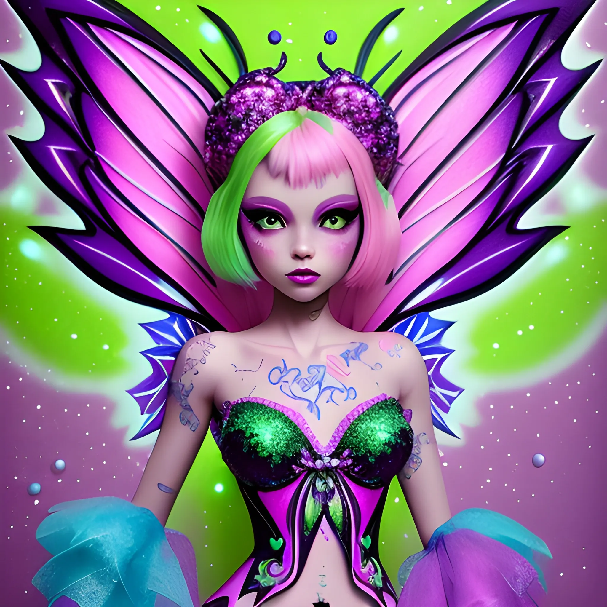  Mythical Fairy: monster High doll: flowers: woman: fairy wings: neon colors: chartreuse green, grape purple: meticulously detailed: glitter, airbrush, luminous color sparkles; graffiti art, spray paint art, street art, oil gouache melting, acrylic, high contrast, colorful polychromatic, mixed media, glitter, luminous color sparkles, ultra detailed, ultra quality, CGSociety, 3D