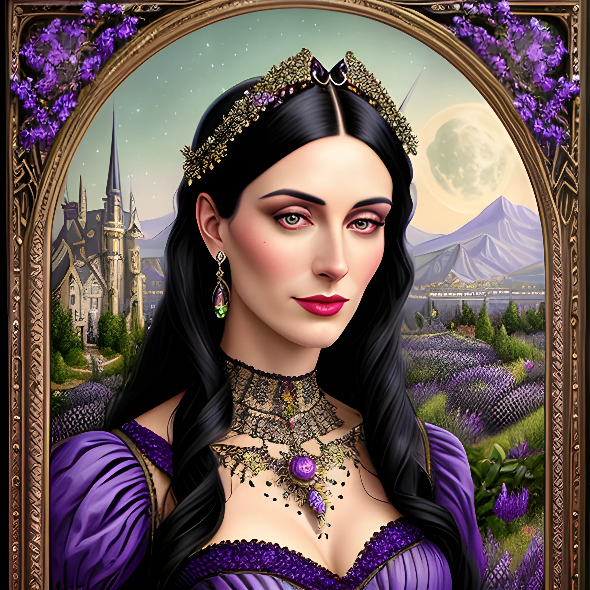 Lilac Princess, beautiful woman wears a lavender sequined dress. She has long, sleek black hair, and stands in front of lilac bushes. Her features are symmetrical, lovely, and anatomically correct. She wears amethyst jewelry. Lips are soft, in a slight smile; behind her a cityscape, and full smooth moon in a nebula sky, clouds; fantasy, Vintage Art, 16k resolution, intricately detailed, Renaissance, Chromolithography Soft Shading; ethereal fantasy, realistic oil painting. Victorian era, glitter, old fashioned, vintage, antique, renaissance, gothic, eldritch, highly intricate, sophisticated and complex digital painting, concept art, hyperrealism, Cinema 4D, 8k resolution, 64 megapixels, CGSociety, ZBrushCentral, behance HD, hypermaximalist, parallax
