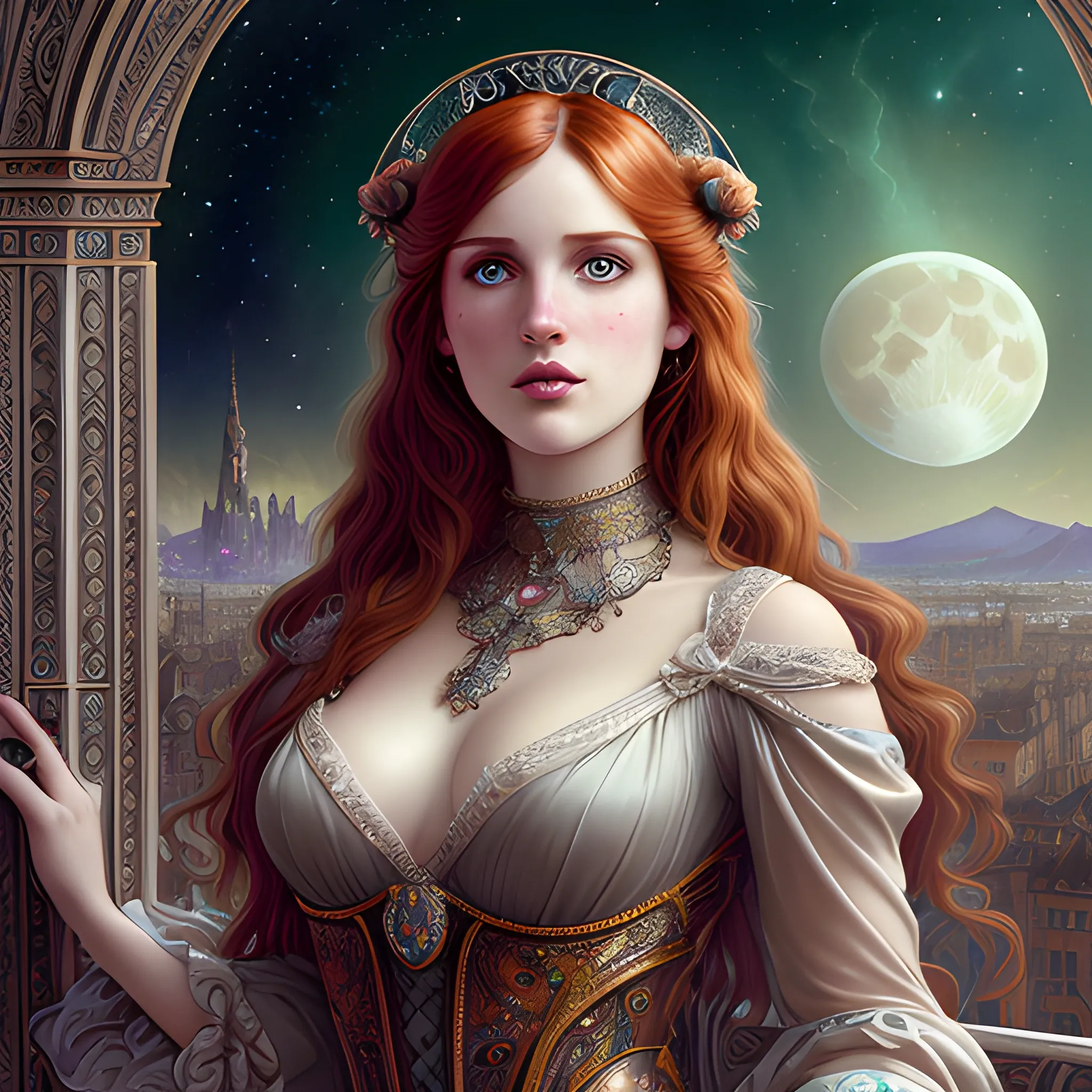 finely detailed eyes, Bella Thorne, her hyperdetailed, softly freckled face, her clean, clear, detailed brown eyes, meticulously detailed, multi-hued, long dark red hair; cityscape, full moon in a nebula sky, clouds; fantasy, Vintage Art, 16k resolution art Nouveau poster; Alphonse Mucha, WLOP, Illustration intricately detailed, Renaissance, Chromolithography Soft Shading; ethereal fantasy maximalist matte painting. Catherine Abel, and James R. Eads, realistic oil painting. Victorian era, glitter, old fashioned, vintage, antique, renaissance, gothic, eldritch, highly intricate, sophisticated and complex digital painting, concept art, hyperrealism, Cinema 4D, 8k resolution, 64 megapixels, CGSociety, ZBrushCentral, behance HD, hypermaximalist, 3D