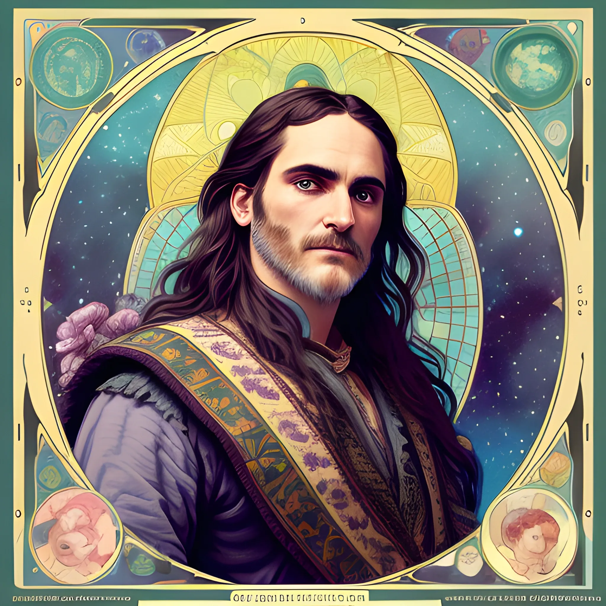 Joaquin Phoenix, his highly detailed, softly freckled handsome face, his clean, clear lavender-green eyes, meticulously detailed, multi-hued, long dark hair; hippie, fullmoon in a nebula sky, clouds; fantasy, Vintage Art, 8k resolution art Nouveau poster; Alphonse Mucha, Artgerm, WLOP, Illustration intricately detailed, trending on Artstation, Renaissance, triadic colors, Chromolithography Soft Shading