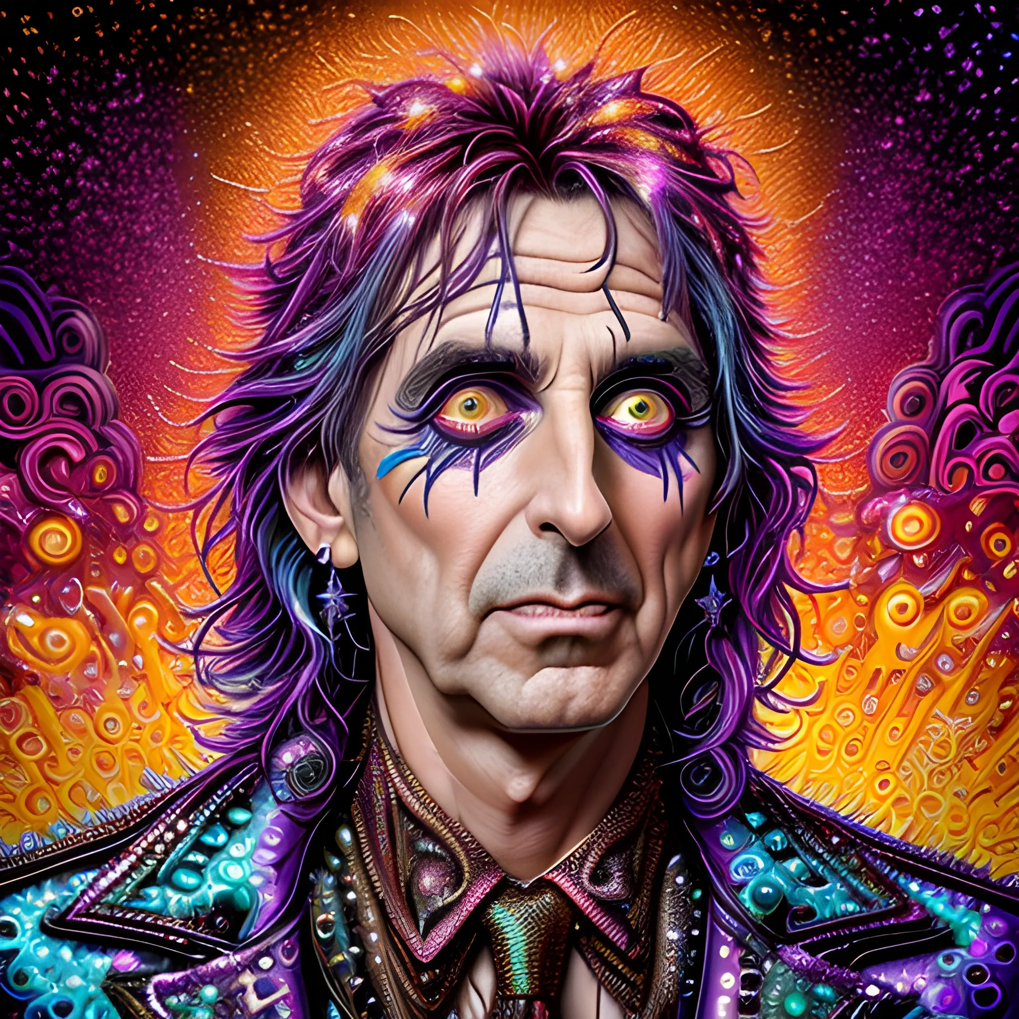 hyperdetailed oil on canvas, Alice Cooper, his handsome perfect, precisely detailed face, orange, pink, purple, luminous colorful sparkles, by James R. Eads, Gawki, rajewel, Tania Rivilis, Dan Mumford, glitter, airbrush, Octane Render, elegant, volumetric lighting, 16k