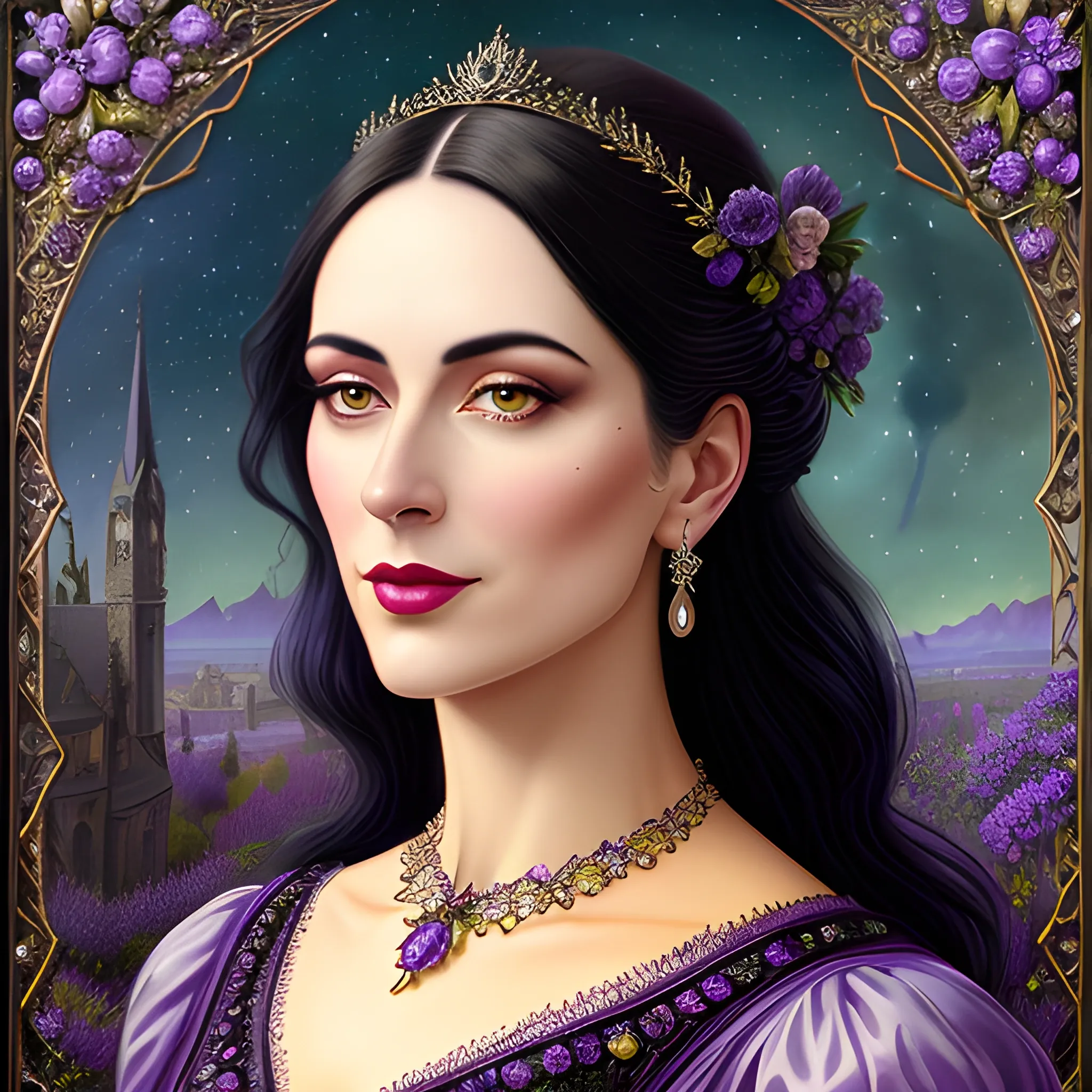 Lilac Princess, beautiful woman wears a lavender sequined dress. She has long, sleek black hair, and stands in front of lilac bushes. Her features are symmetrical, lovely, and anatomically correct. She wears amethyst jewelry. Lips are soft, in a slight smile; behind her a cityscape, and full smooth moon in a nebula sky, clouds; fantasy, Vintage Art, 16k resolution, intricately detailed, Renaissance, Chromolithography Soft Shading; ethereal fantasy, realistic oil painting. Victorian era, glitter, old fashioned, vintage, antique, renaissance, gothic, eldritch, highly intricate, sophisticated and complex digital painting, concept art, hyperrealism, Cinema 4D, 8k resolution, 64 megapixels, CGSociety, ZBrushCentral, behance HD, hypermaximalist, parallax
