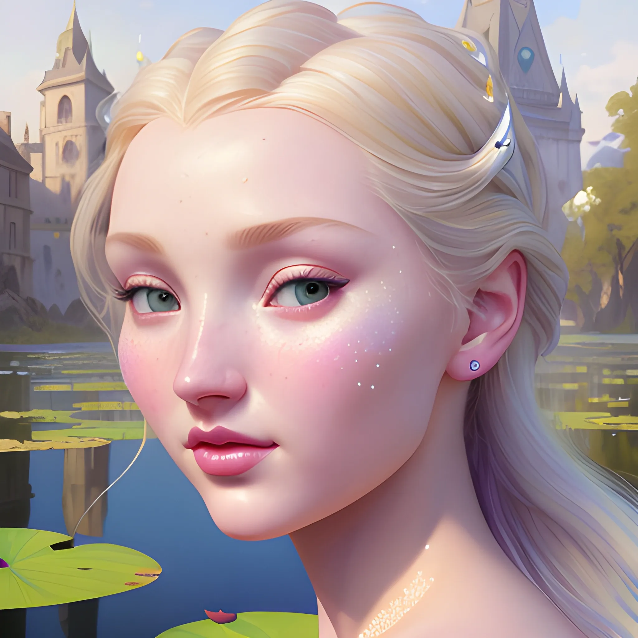 Elsa Hosk / Dove Cameron face morph; beautiful twins at a lotus pond; highly detailed beautiful faces; glitter, renaissance; high contrast, pastel, sorbet, pearlescent, Unreal Engine 5; by Dan Parent, Alphonse Mucha, Artgerm, WLOP, intricately detailed, fantasy, bizarre, beautiful, Chromolithography, Soft Shading, Unreal Engine; digital painting, smooth, sharp focus, illustration, art by lisa frank, Steve Goad, Frank Frazetta, William-Adolphe Bouguereau, Unreal Engine 5, Cartoon, 3D, Oil Painting