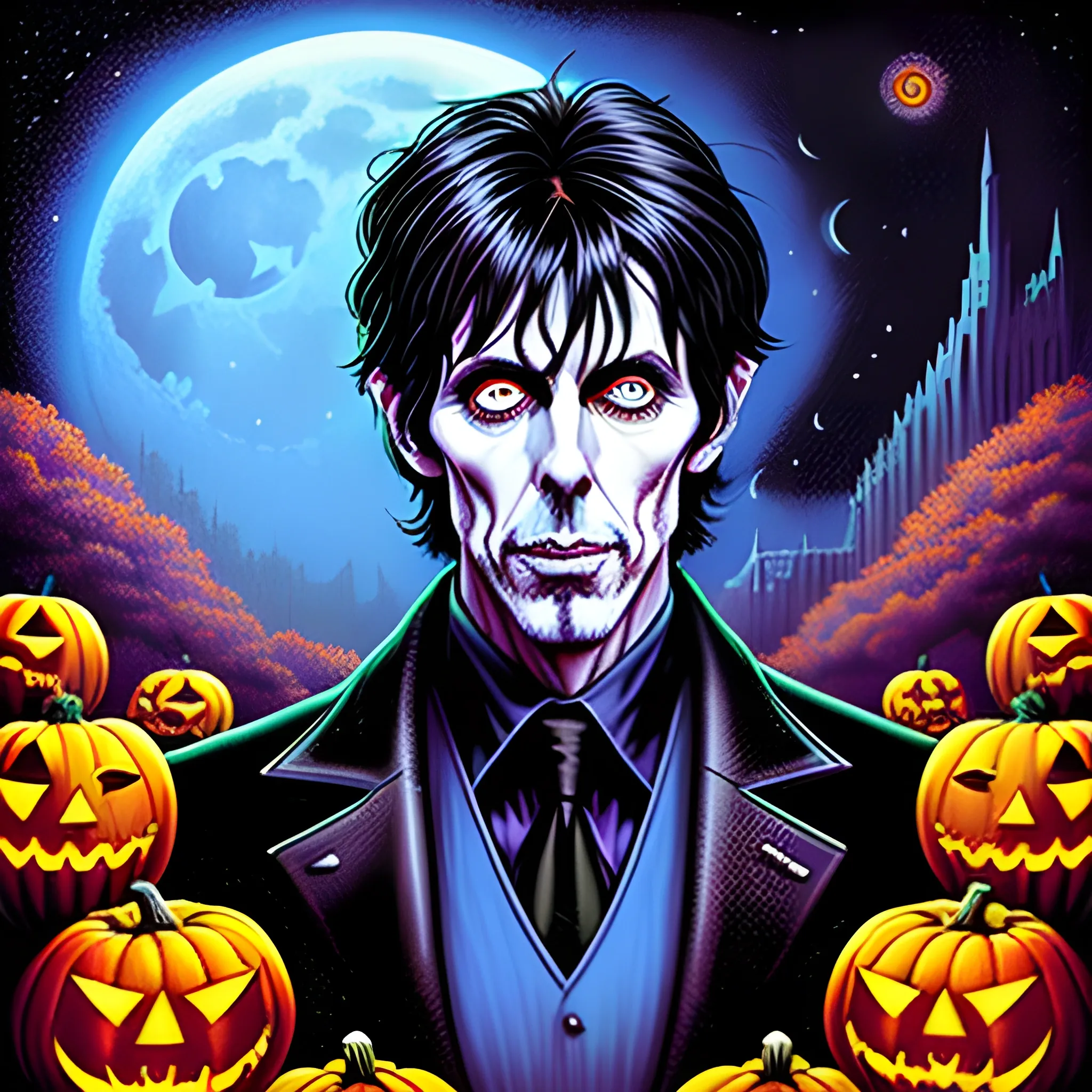 young Ric Ocasek, The Cars, his highly detailed angular, sunken face, blue eyes, meticulously detailed multi-hued short black hair, burgundy, berry wine and black, eldritch, macabre, Halloween, pumpkins, spooky, bats, full moon in a nebula sky, macabre, haunted, gothic; by Stephen Gammell, Zdzislaw Beksinski; luminous color sparkles, Vintage Art, 8k resolution, Artgerm, WLOP, Lisa Frank, James R. Eads, Illustration intricately detailed, Artstation, Chromolithography Soft Shading