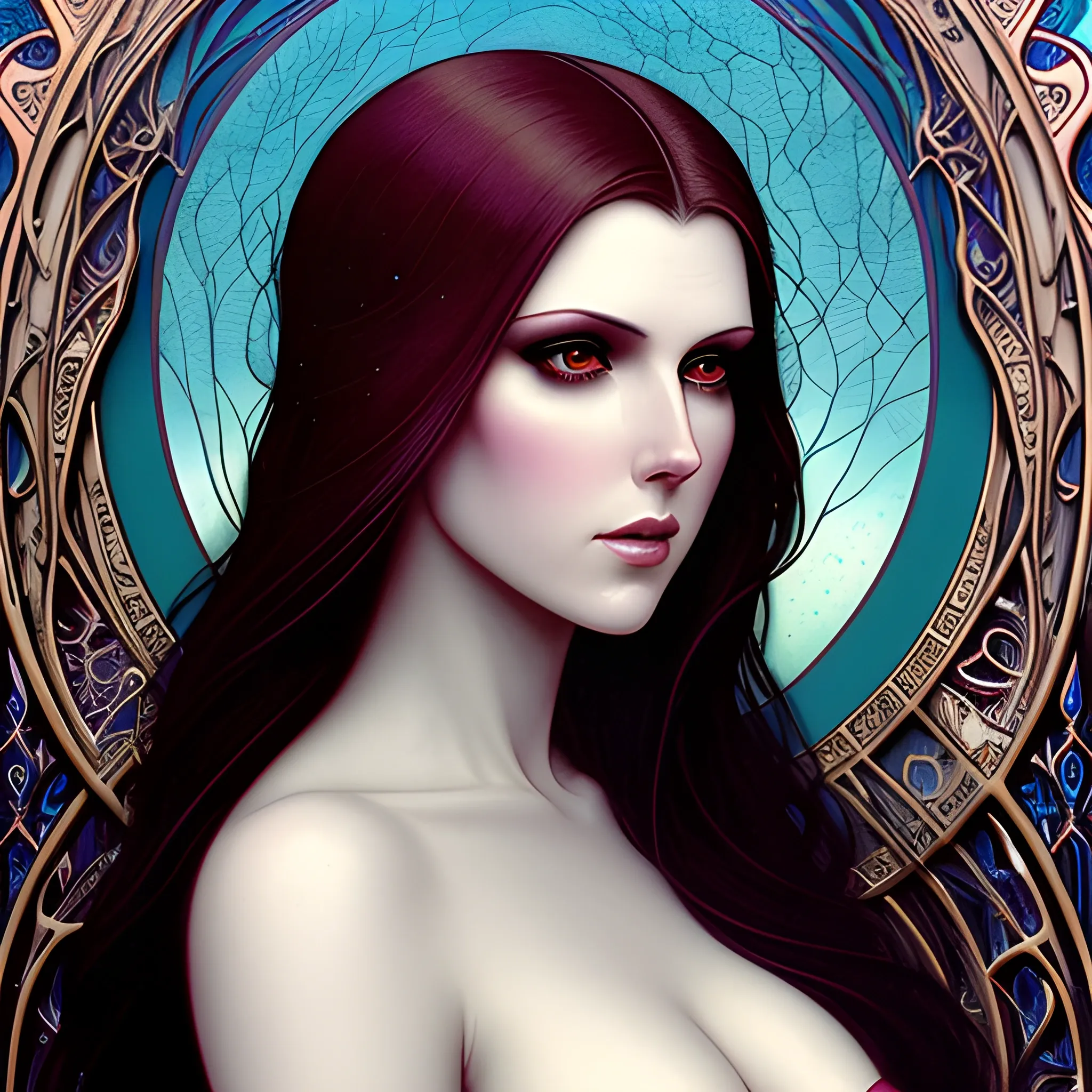 young Anna Kendrick, her highly detailed beautiful face, meticulously detailed multi-hued long straight dark hair, burgundy, berry wine and black, eldritch, macabre, by Stephen Gammell, Zdzislaw Beksinski; luminous color sparkles, Vintage Art, 8k resolution, art Nouveau poster; Alphonse Mucha, Artgerm, WLOP, Lisa Frank, James R. Eads, Illustration intricately detailed, Artstation, Chromolithography Soft Shading