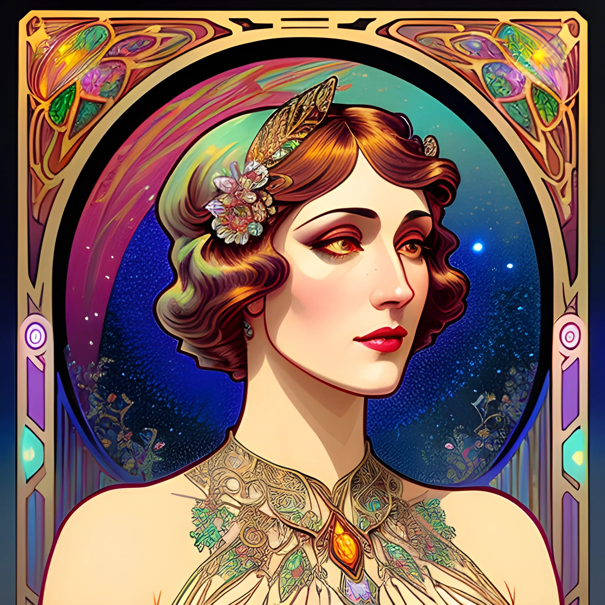 1920's hot girl, flapper, hyperdetailed face, feminine, delicate, lacy; perfect anatomy, beautiful, meticulously detailed feminine face, meticulously detailed multi-hued flapper hair; rainbow spectrum, luminous color sparkles, digital painting; James R. Eads, Gawki, rajewel; glitter, airbrush, Octane Render, volumetric lighting, full smooth moon in a nebula sky, clouds; fantasy, Vintage Art, 16k resolution art Nouveau poster; Alphonse Mucha, WLOP, Illustration intricately detailed, Renaissance, Chromolithography Soft Shading; ethereal fantasy maximalist matte painting. Catherine Abel, and James R. Eads, realistic oil painting. Victorian era, glitter, old fashioned, vintage, antique, renaissance, gothic, eldritch, highly intricate, sophisticated and complex digital painting, concept art, hyperrealism, Cinema 4D, 8k resolution, 64 megapixels, CGSociety, ZBrushCentral, behance HD, hypermaximalist, parallax
