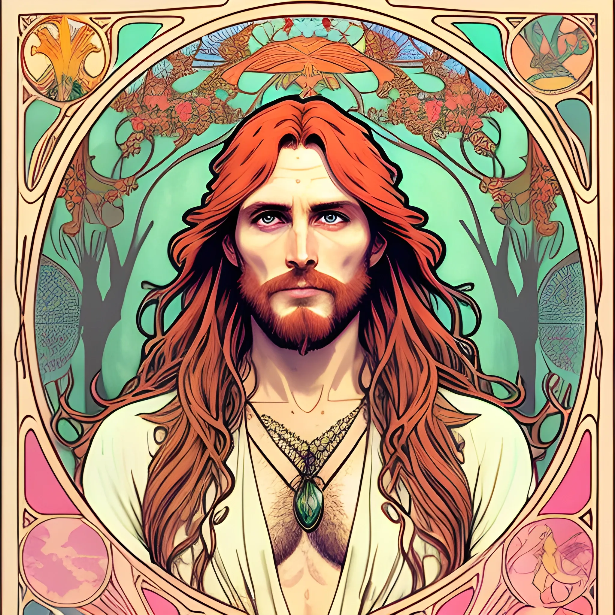 young Malachai of the Corn, his highly detailed, softly freckled handsome face, his clean, clear eyes, meticulously detailed, multi-hued, long red hair; hippie, pirate, he gazes far-away to the forest; pink, yellow, across a misty pastel-colored landscape, clouds; fantasy, Vintage Art, 8k resolution art Nouveau poster; Alphonse Mucha, Artgerm, WLOP, Illustration intricately detailed, trending on Artstation, Renaissance, triadic colors, Chromolithography Soft Shading