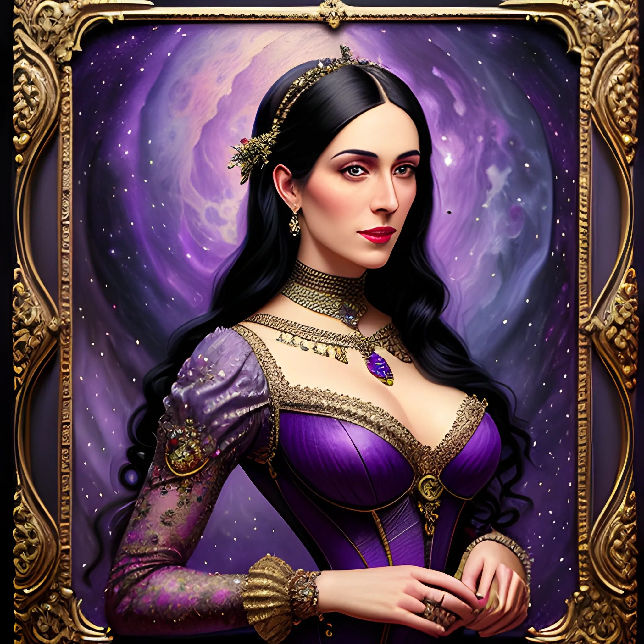 Lilac Princess, beautiful woman wears a lavender sequined dress. She has long, sleek black hair, and stands in front of lilac bushes. Her features are symmetrical, lovely, and anatomically correct. She wears amethyst jewelry. Lips are soft, in a slight smile; behind her a cityscape, and full smooth moon in a nebula sky, clouds; fantasy, Vintage Art, 16k resolution, intricately detailed, Renaissance, Chromolithography Soft Shading; ethereal fantasy, realistic oil painting. Victorian era, glitter, old fashioned, vintage, antique, renaissance, gothic, eldritch, highly intricate, sophisticated and complex digital painting, concept art, hyperrealism, Cinema 4D, 8k resolution, 64 megapixels, CGSociety, ZBrushCentral, behance HD, hypermaximalist, parallax
