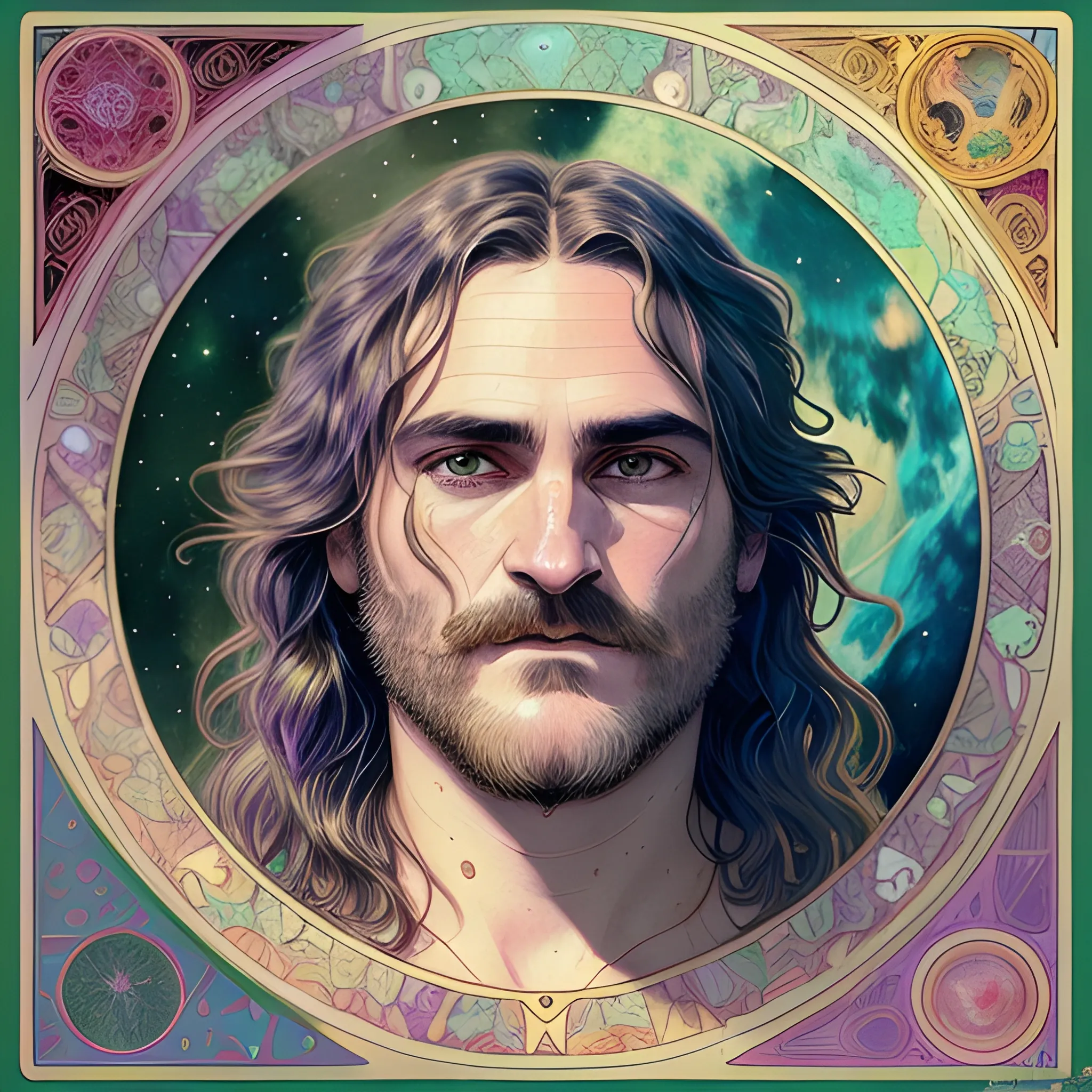 Joaquin Phoenix, his highly detailed, softly freckled handsome face, his clean, clear lavender-green eyes, meticulously detailed, multi-hued, long dark hair; hippie, fullmoon in a nebula sky, clouds; fantasy, Vintage Art, 8k resolution art Nouveau poster; Alphonse Mucha, Artgerm, WLOP, Illustration intricately detailed, trending on Artstation, Renaissance, triadic colors, Chromolithography Soft Shading
