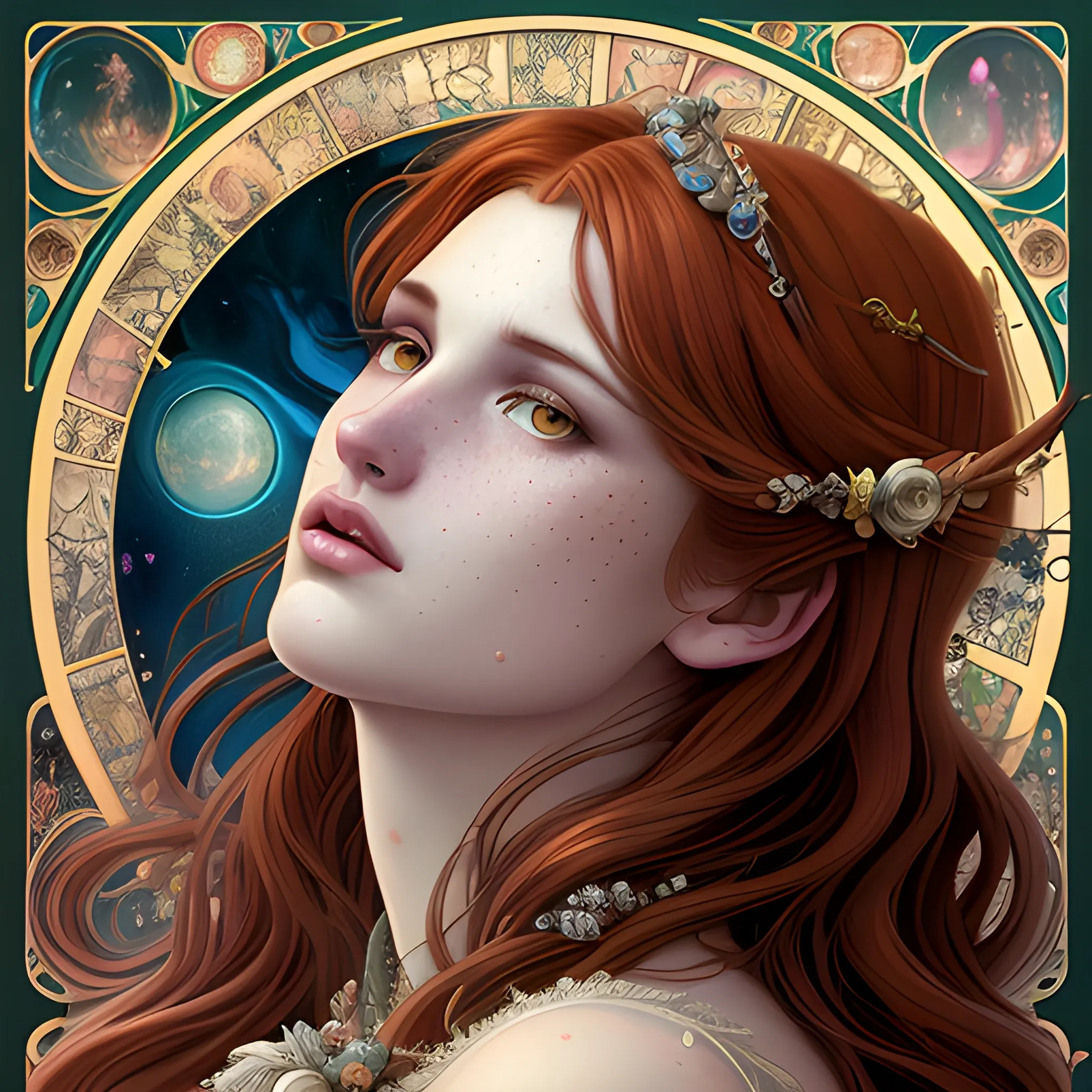 finely detailed eyes, Bella Thorne, her hyperdetailed, softly freckled face, her clean, clear, detailed brown eyes, meticulously detailed, multi-hued, long dark red hair; cityscape, full moon in a nebula sky, clouds; fantasy, Vintage Art, 16k resolution art Nouveau poster; Alphonse Mucha, WLOP, Illustration intricately detailed, Renaissance, Chromolithography Soft Shading; ethereal fantasy maximalist matte painting. Catherine Abel, and James R. Eads, realistic oil painting. Victorian era, glitter, old fashioned, vintage, antique, renaissance, gothic, eldritch, highly intricate, sophisticated and complex digital painting, concept art, hyperrealism, Cinema 4D, 8k resolution, 64 megapixels, CGSociety, ZBrushCentral, behance HD, hypermaximalist, 3D