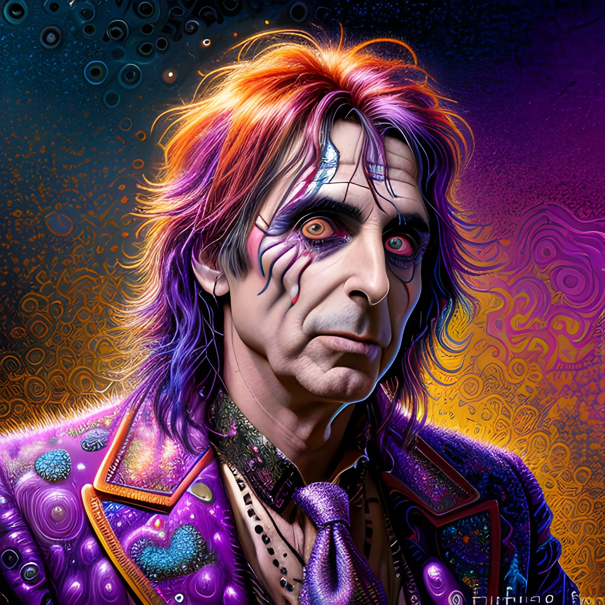 hyperdetailed oil on canvas, Alice Cooper, his handsome perfect, precisely detailed face, orange, pink, purple, luminous colorful sparkles, by James R. Eads, Gawki, rajewel, Tania Rivilis, Dan Mumford, glitter, airbrush, Octane Render, elegant, volumetric lighting, 16k