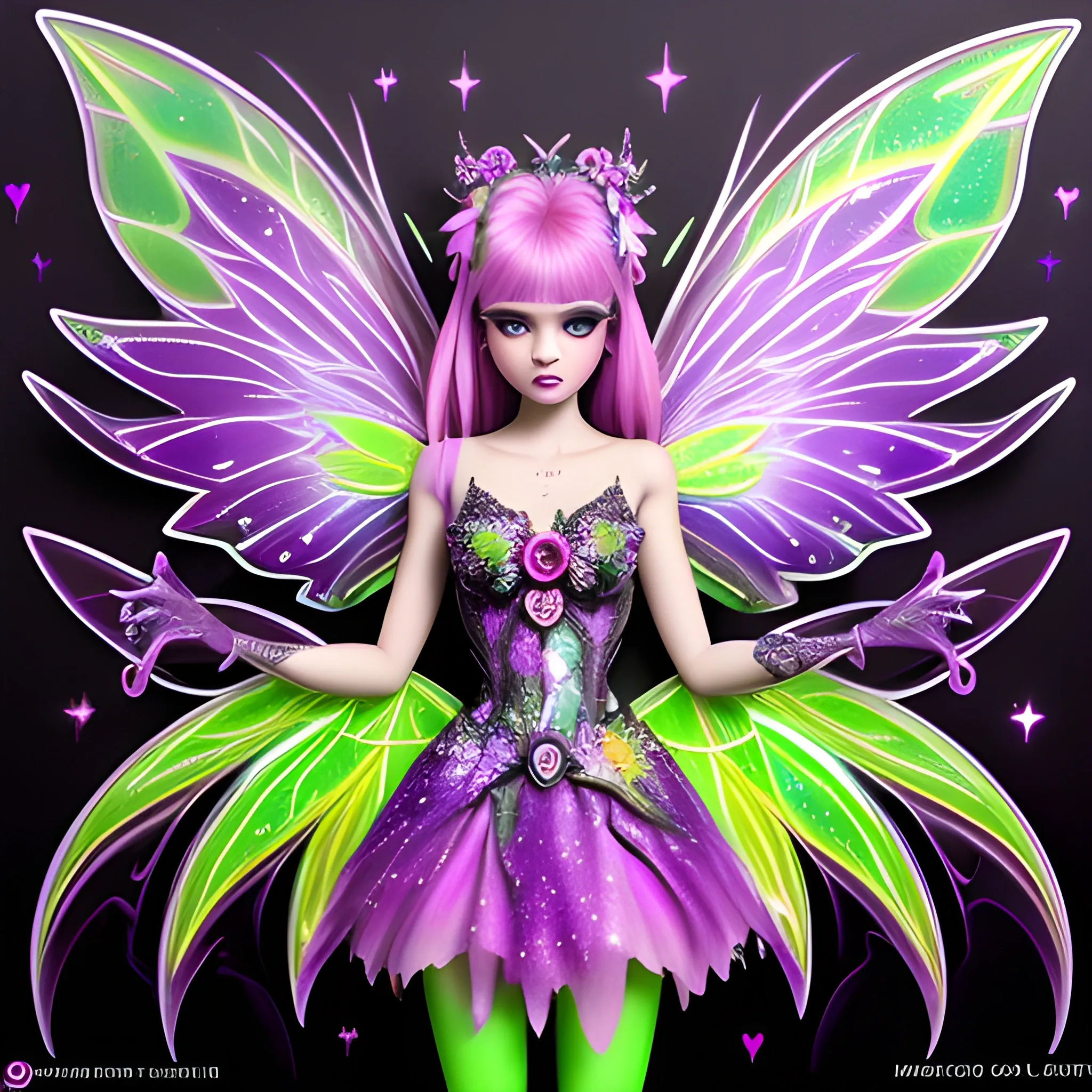  Mythical Fairy: monster High doll: flowers: woman: fairy wings: neon colors: chartreuse green, grape purple: meticulously detailed: glitter, airbrush, luminous color sparkles; graffiti art, spray paint art, street art, oil gouache melting, acrylic, high contrast, colorful polychromatic, mixed media, glitter, luminous color sparkles, ultra detailed, ultra quality, CGSociety, 3D