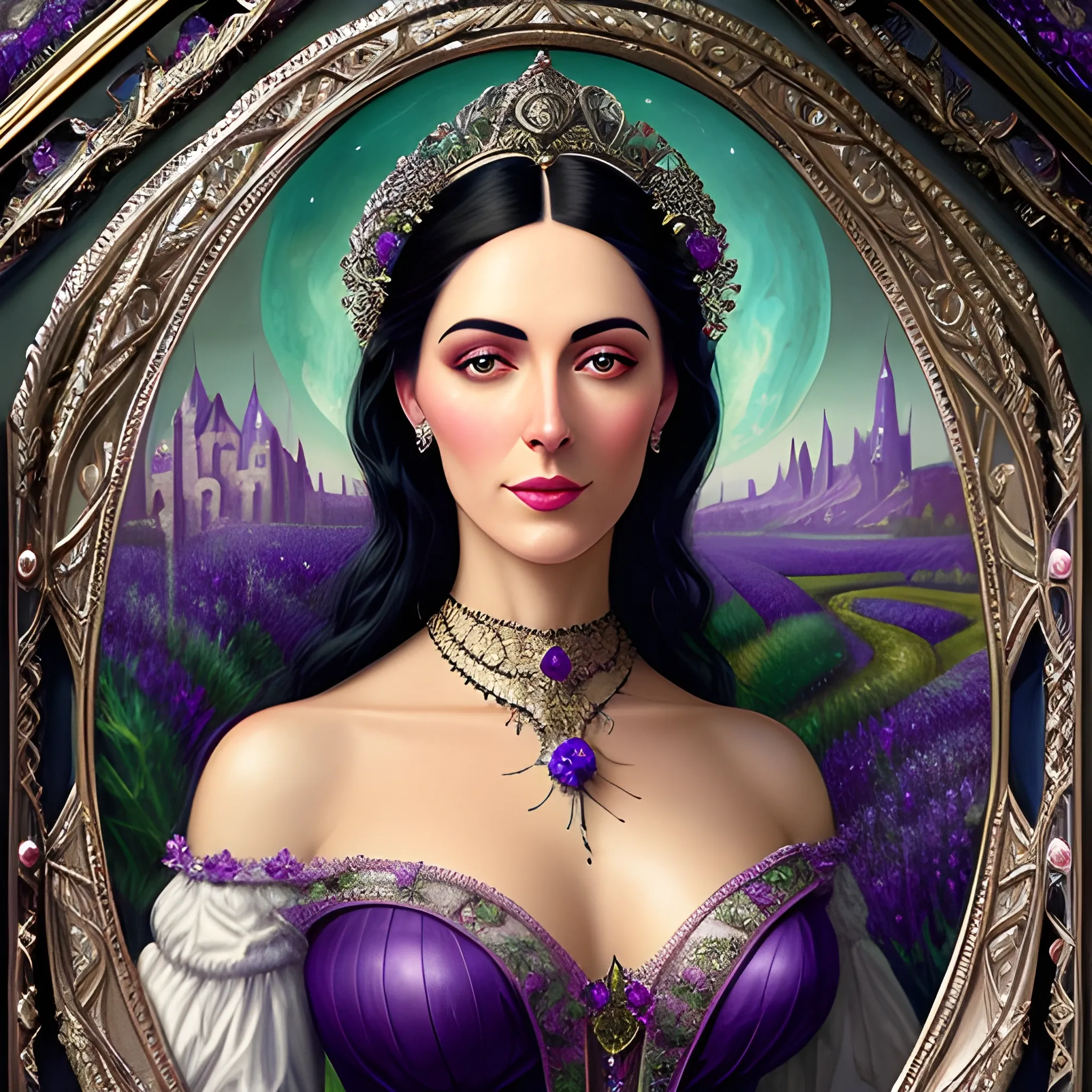 Lilac Princess, beautiful woman wears a lavender sequined dress. She has long, sleek black hair, and stands in front of lilac bushes. Her features are symmetrical, lovely, and anatomically correct. She wears amethyst jewelry. Lips are soft, in a slight smile; behind her a cityscape, and full smooth moon in a nebula sky, clouds; fantasy, Vintage Art, 16k resolution, intricately detailed, Renaissance, Chromolithography Soft Shading; ethereal fantasy, realistic oil painting. Victorian era, glitter, old fashioned, vintage, antique, renaissance, gothic, eldritch, highly intricate, sophisticated and complex digital painting, concept art, hyperrealism, Cinema 4D, 8k resolution, 64 megapixels, CGSociety, ZBrushCentral, behance HD, hypermaximalist, parallax
