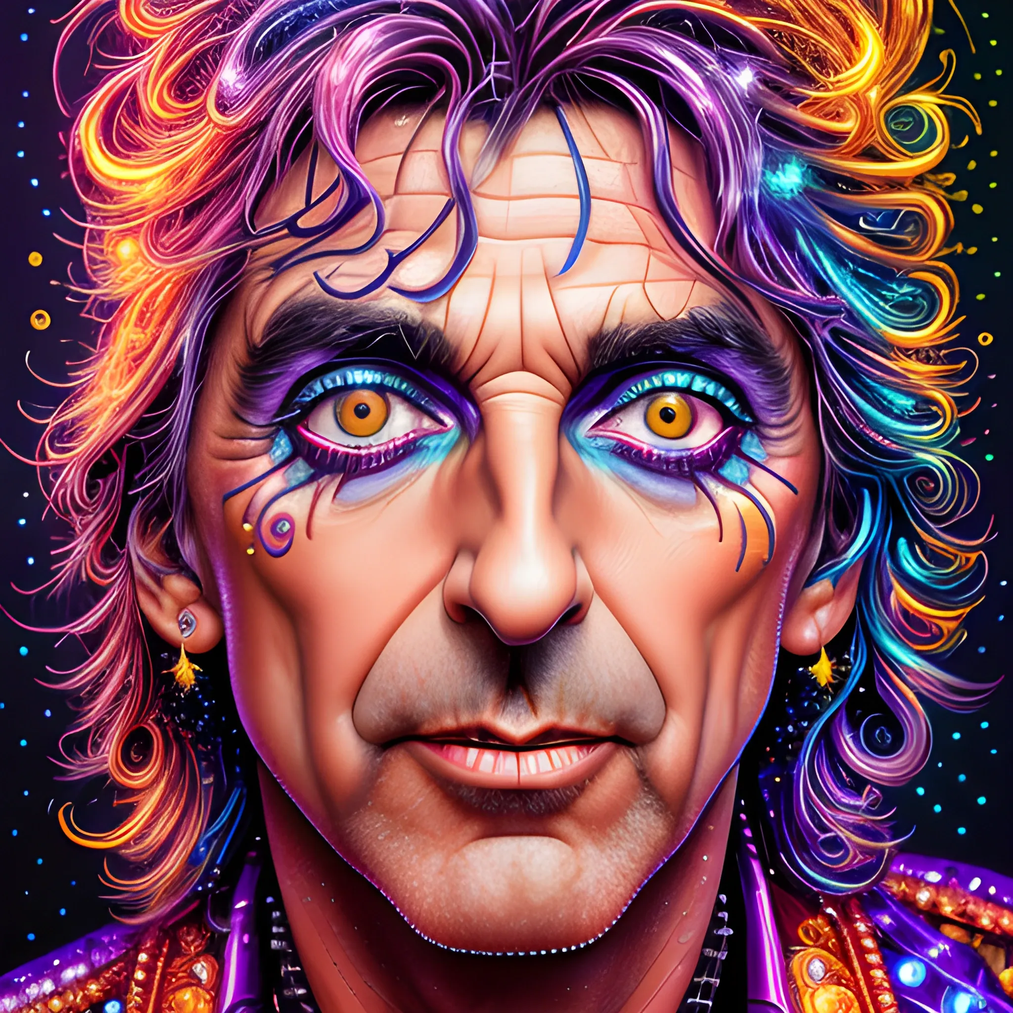 hyperdetailed oil on canvas, Alice Cooper, his handsome perfect, precisely detailed face, orange, pink, purple, luminous colorful sparkles, by James R. Eads, Gawki, rajewel, Tania Rivilis, Dan Mumford, glitter, airbrush, Octane Render, elegant, volumetric lighting, 16k