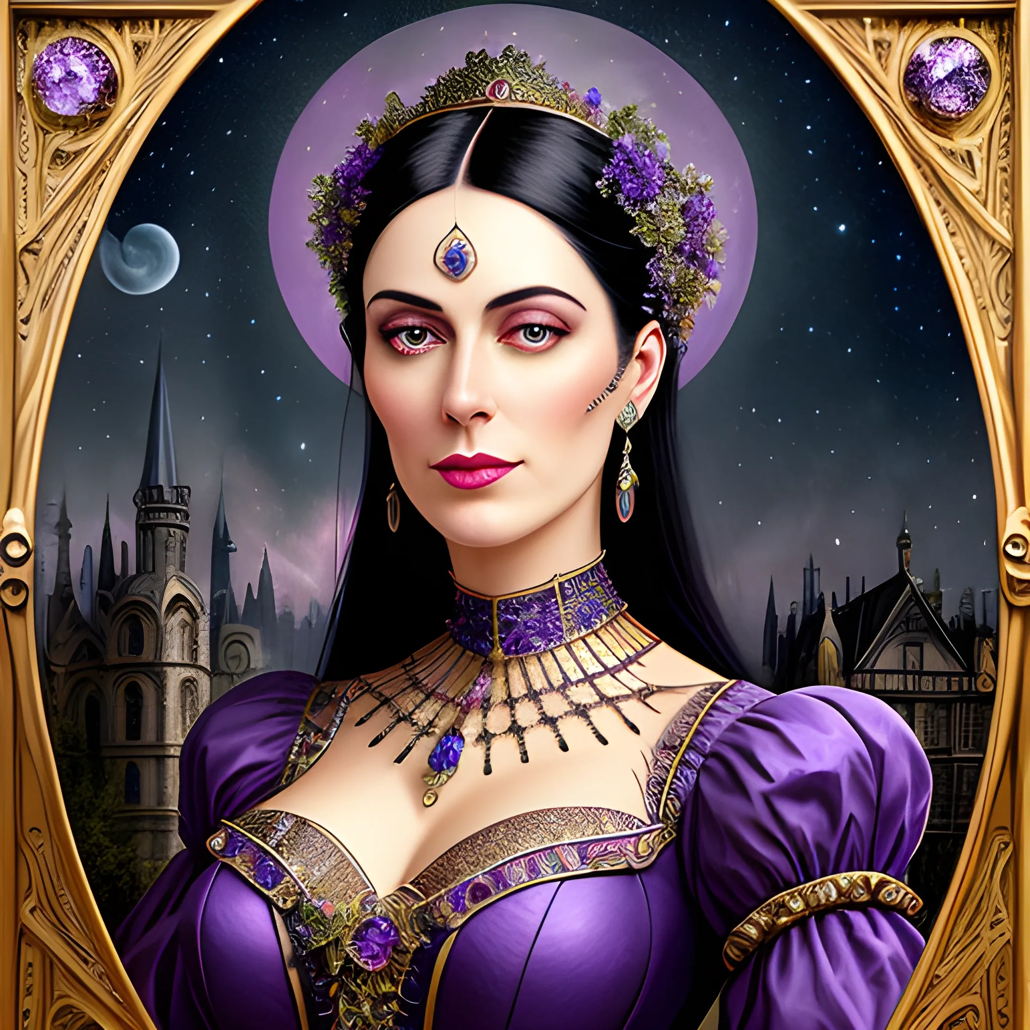 Lilac Princess, beautiful woman wears a lavender sequined dress. She has long, sleek black hair, and stands in front of lilac bushes. Her features are symmetrical, lovely, and anatomically correct. She wears amethyst jewelry. Lips are soft, in a slight smile; behind her a cityscape, and full smooth moon in a nebula sky, clouds; fantasy, Vintage Art, 16k resolution, intricately detailed, Renaissance, Chromolithography Soft Shading; ethereal fantasy, realistic oil painting. Victorian era, glitter, old fashioned, vintage, antique, renaissance, gothic, eldritch, highly intricate, sophisticated and complex digital painting, concept art, hyperrealism, Cinema 4D, 8k resolution, 64 megapixels, CGSociety, ZBrushCentral, behance HD, hypermaximalist, parallax
