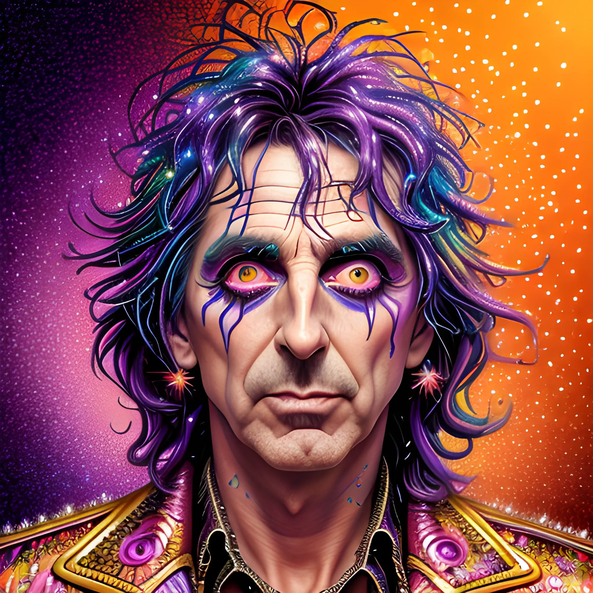 hyperdetailed oil on canvas, Alice Cooper, his handsome perfect, precisely detailed face, orange, pink, purple, luminous colorful sparkles, by James R. Eads, Gawki, rajewel, Tania Rivilis, Dan Mumford, glitter, airbrush, Octane Render, elegant, volumetric lighting, 16k