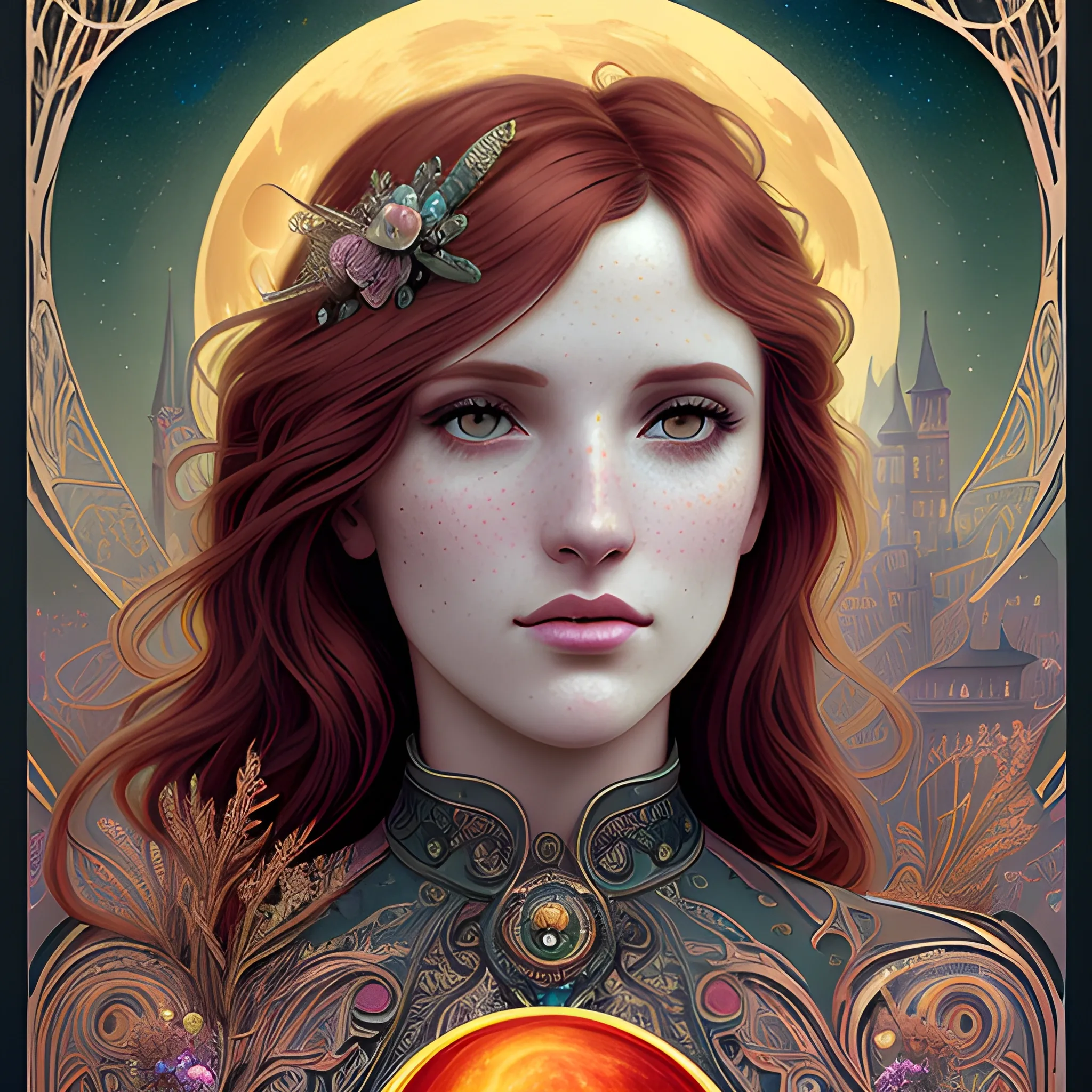 finely detailed eyes, Bella Thorne, her hyperdetailed, softly freckled face, her clean, clear, detailed brown eyes, meticulously detailed, multi-hued, long dark red hair; cityscape, full moon in a nebula sky, clouds; fantasy, Vintage Art, 16k resolution art Nouveau poster; Alphonse Mucha, WLOP, Illustration intricately detailed, Renaissance, Chromolithography Soft Shading; ethereal fantasy maximalist matte painting. Catherine Abel, and James R. Eads, realistic oil painting. Victorian era, glitter, old fashioned, vintage, antique, renaissance, gothic, eldritch, highly intricate, sophisticated and complex digital painting, concept art, hyperrealism, Cinema 4D, 8k resolution, 64 megapixels, CGSociety, ZBrushCentral, behance HD, hypermaximalist, 3D