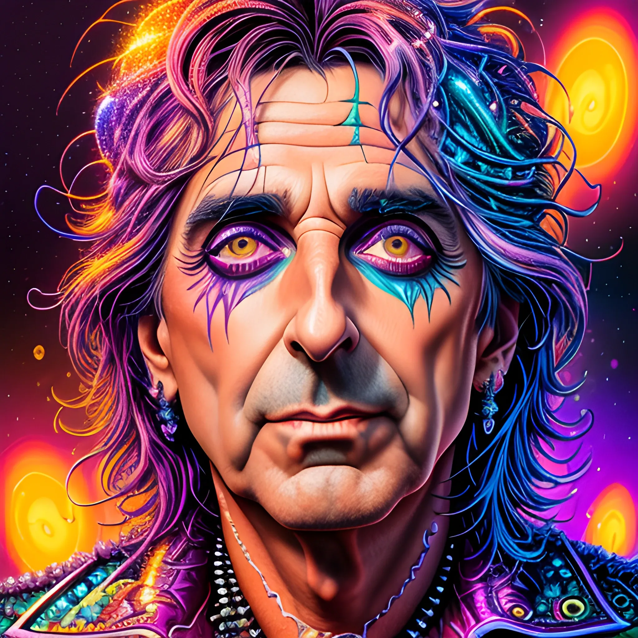 hyperdetailed oil on canvas, Alice Cooper, his handsome perfect, precisely detailed face, orange, pink, purple, luminous colorful sparkles, by James R. Eads, Gawki, rajewel, Tania Rivilis, Dan Mumford, glitter, airbrush, Octane Render, elegant, volumetric lighting, 16k