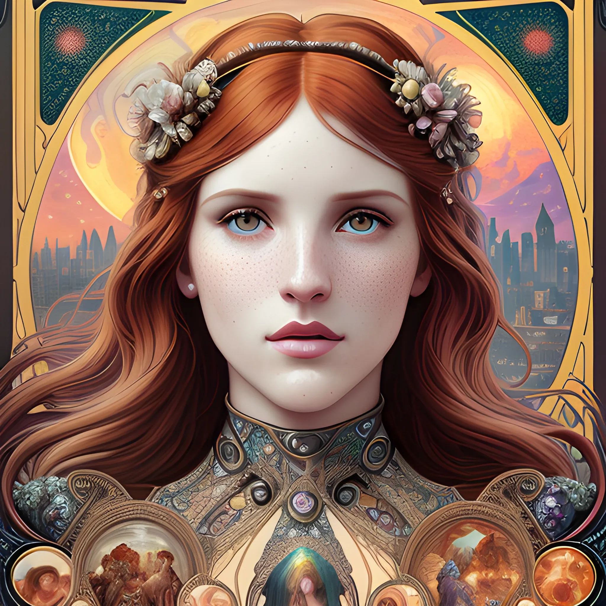 finely detailed eyes, Bella Thorne, her hyperdetailed, softly freckled face, her clean, clear, detailed brown eyes, meticulously detailed, multi-hued, long dark red hair; cityscape, full moon in a nebula sky, clouds; fantasy, Vintage Art, 16k resolution art Nouveau poster; Alphonse Mucha, WLOP, Illustration intricately detailed, Renaissance, Chromolithography Soft Shading; ethereal fantasy maximalist matte painting. Catherine Abel, and James R. Eads, realistic oil painting. Victorian era, glitter, old fashioned, vintage, antique, renaissance, gothic, eldritch, highly intricate, sophisticated and complex digital painting, concept art, hyperrealism, Cinema 4D, 8k resolution, 64 megapixels, CGSociety, ZBrushCentral, behance HD, hypermaximalist, 3D
