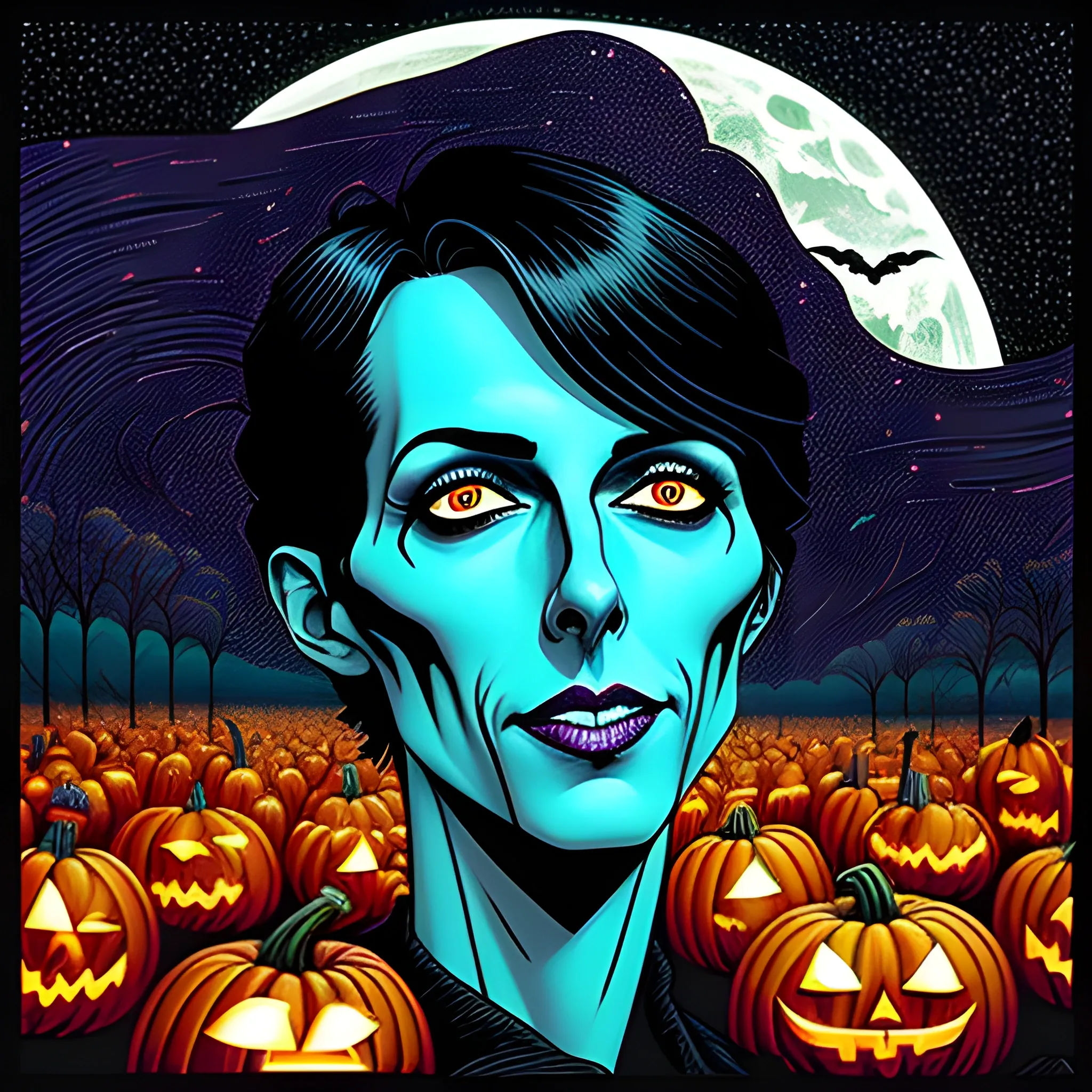 young Ric Ocasek, The Cars, his highly detailed angular, sunken face, blue eyes, meticulously detailed multi-hued short black hair, burgundy, berry wine and black, eldritch, macabre, Halloween, pumpkins, spooky, bats, full moon in a nebula sky, macabre, haunted, gothic; by Stephen Gammell, Zdzislaw Beksinski; luminous color sparkles, Vintage Art, 8k resolution, Artgerm, WLOP, Lisa Frank, James R. Eads, Illustration intricately detailed, Artstation, Chromolithography Soft Shading