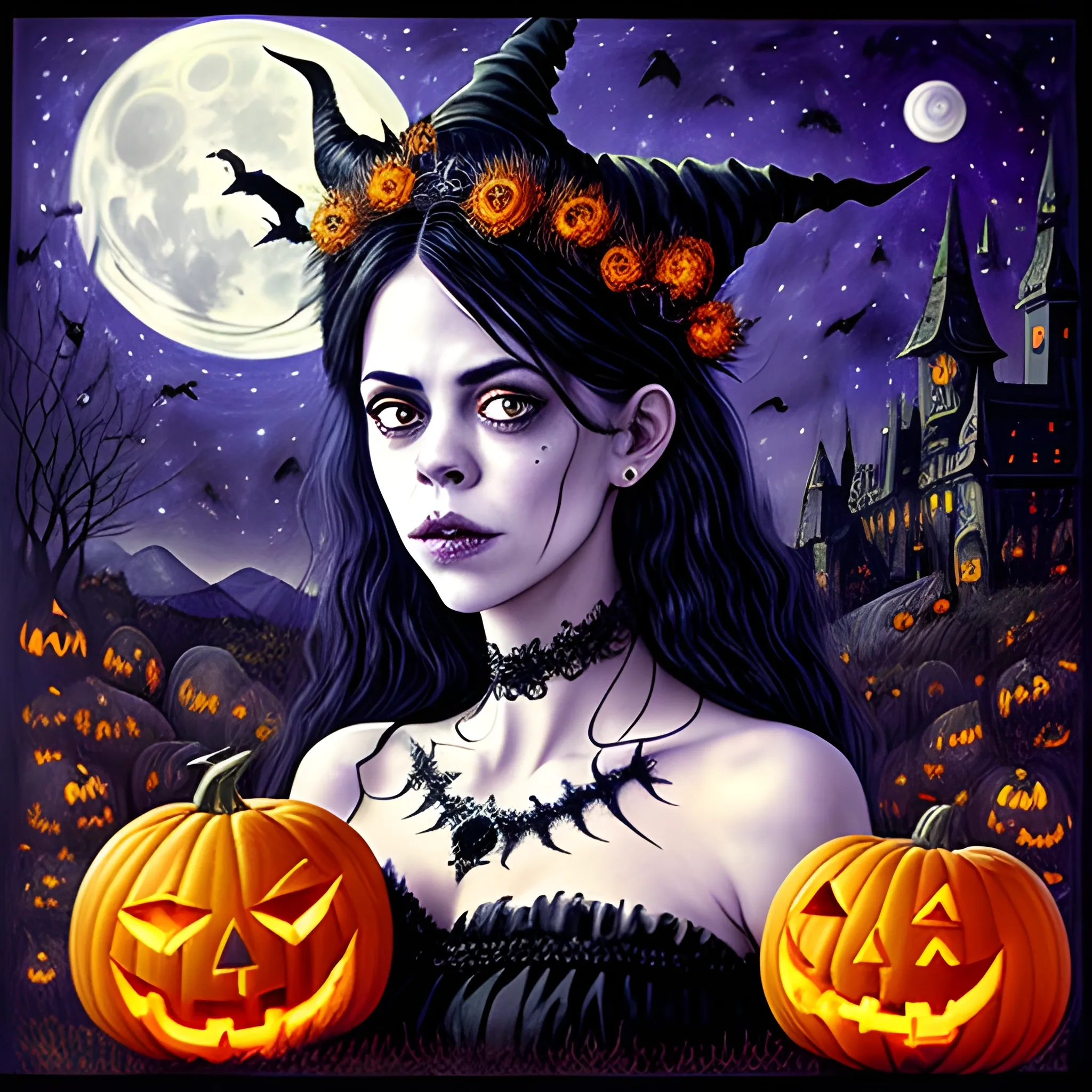 finely detailed eyes, Fairuza Balk as a Halloween Witch with an ornate Halloween themed crown, mixed media, complimentary color, the starry night background, pumpkins, bats, full moon under a nebula sky; in the art style of Kaethe Butcher, Pierre-Auguste Renoir. beautiful lights, luminous color sparkles, glitter, effulgent light